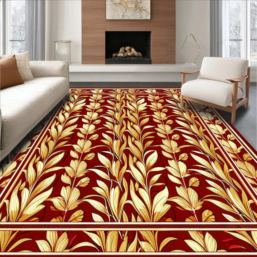 Regal Red Golden Leaf Pattern Rug