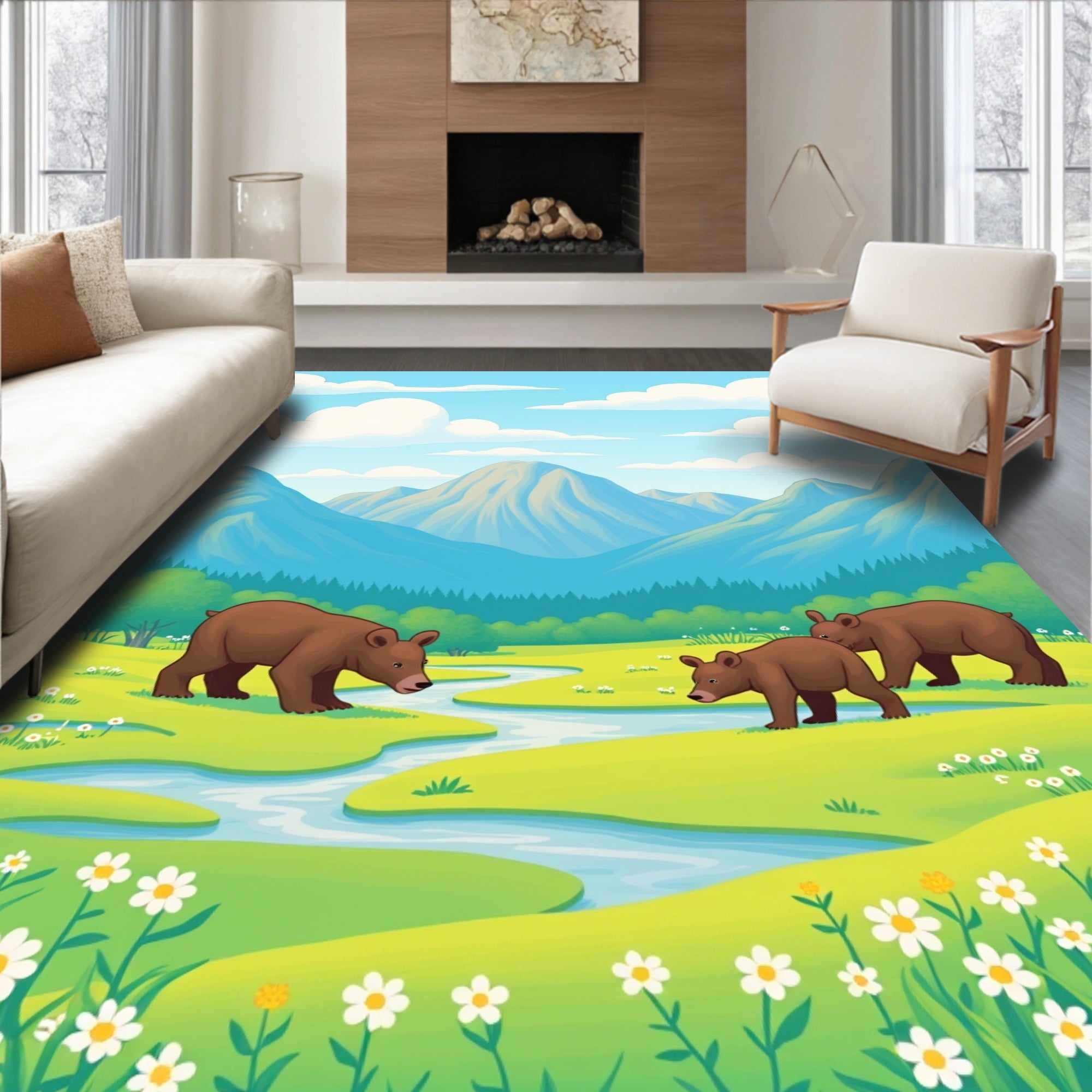 Bear Family Woodland Meadow Scene Rug