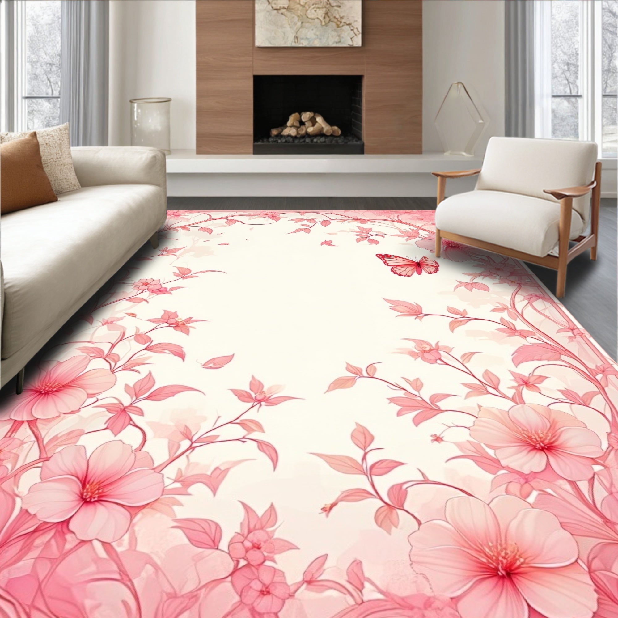 Delicate Pink Floral Garden Butterfly Pattern Rug