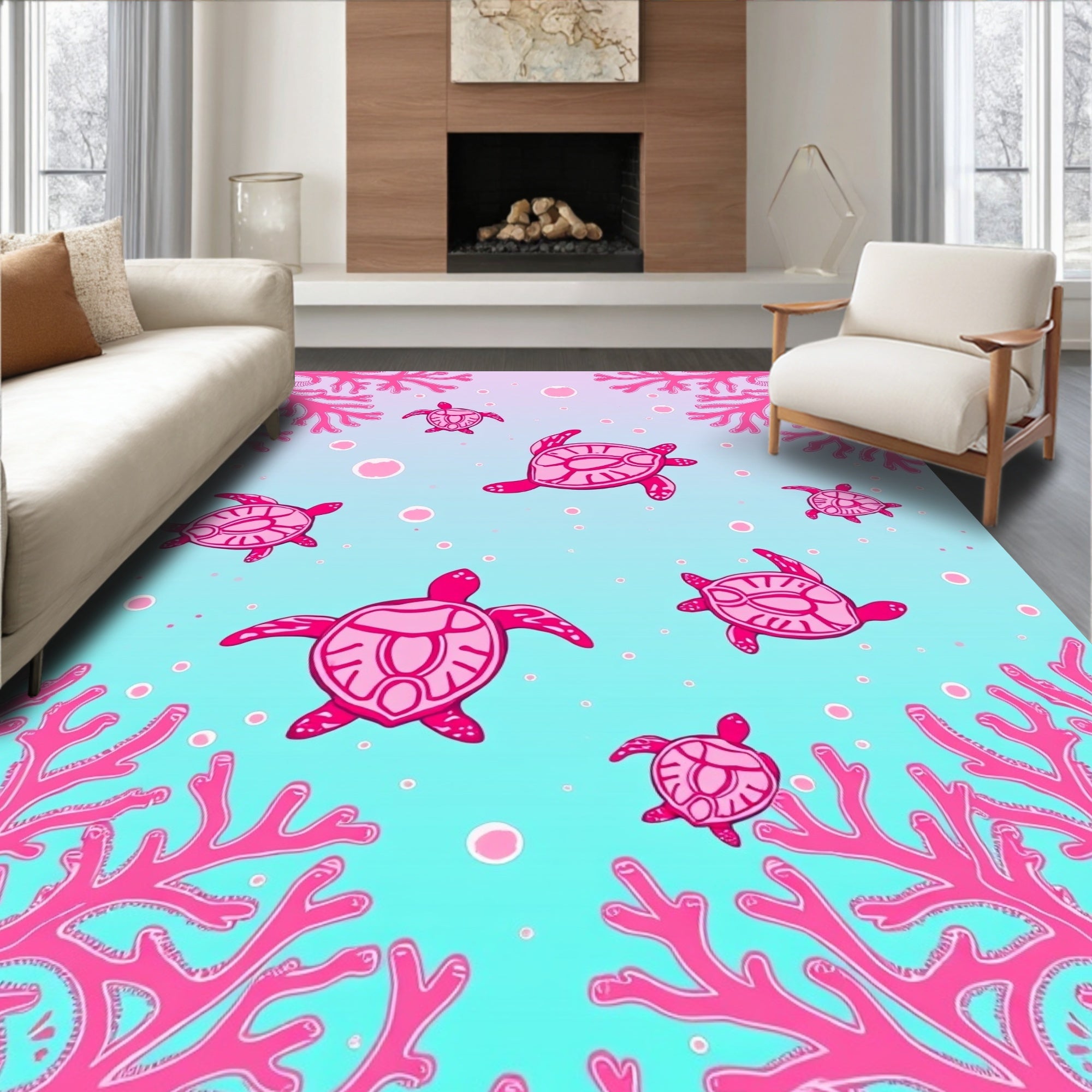 Pink Coral Sea Turtle Pattern Rug