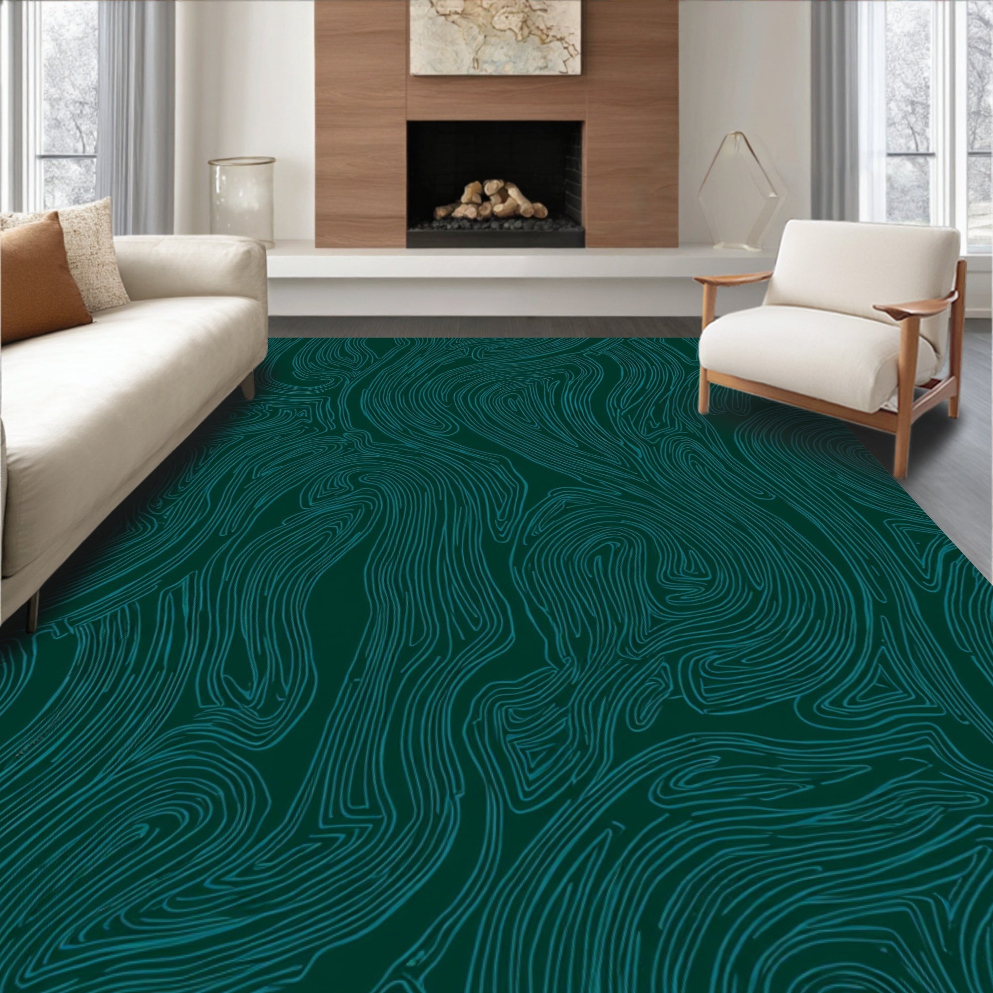 Abstract Teal Swirls Pattern Design Rug