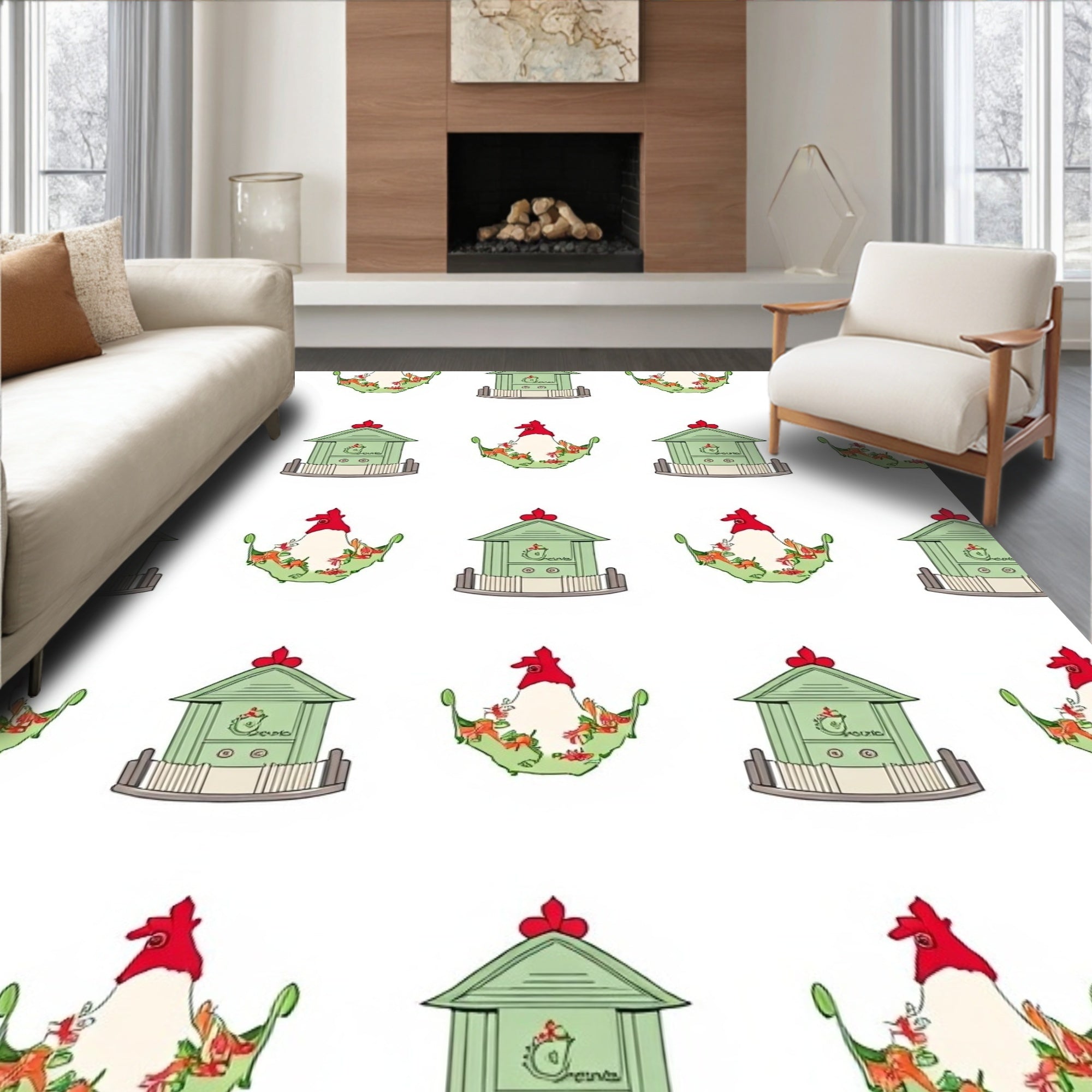 Green Chicken Coop Floral Whimsical Rug