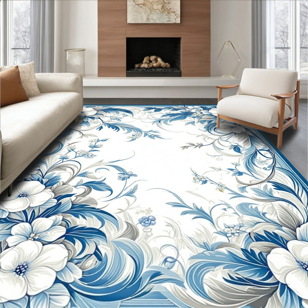 Blue White Floral Scroll Detailed Rug
