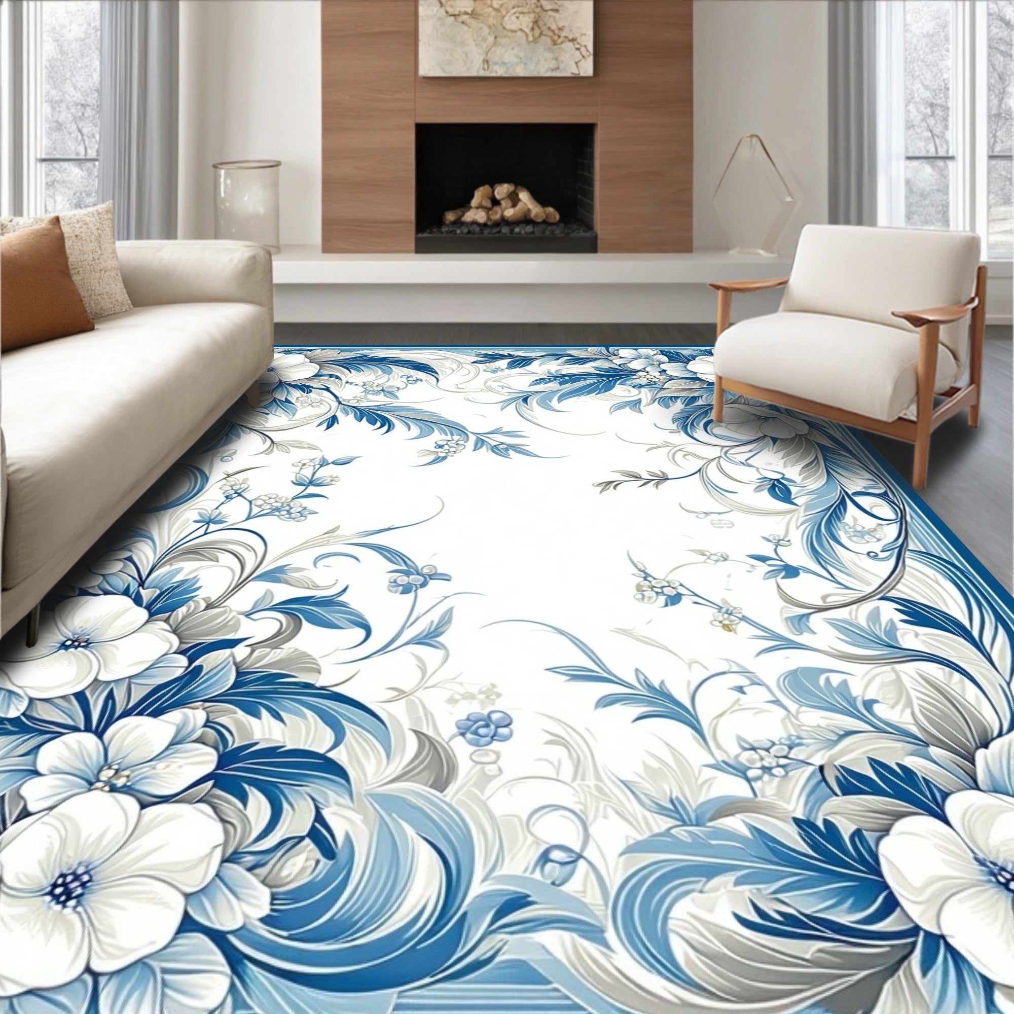 Blue White Floral Scroll Detailed Rug