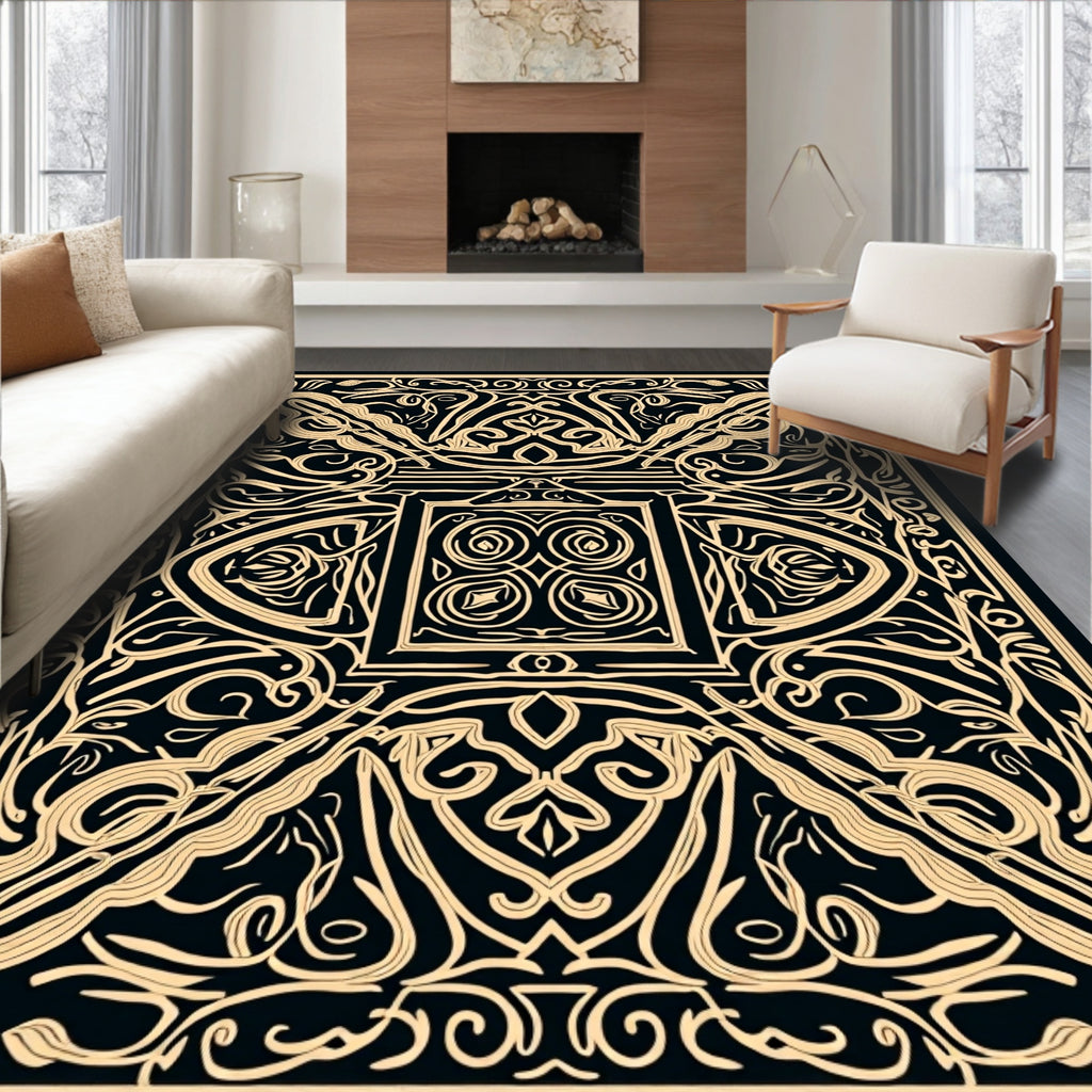 Elegant Black and Gold Intricate Design Rug