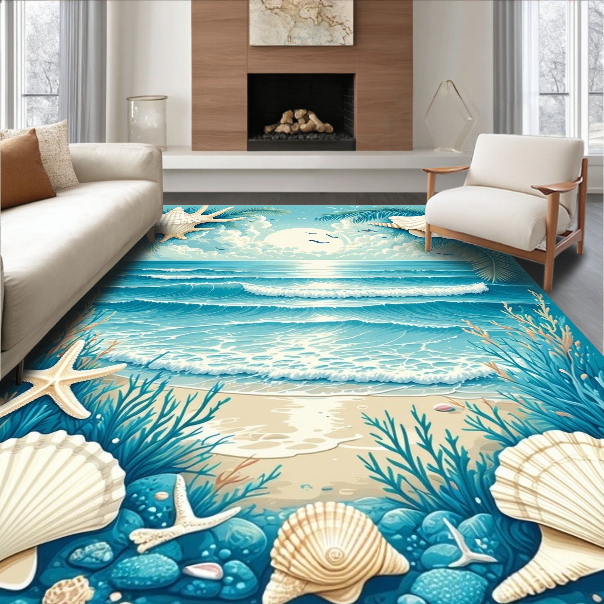 Ocean Wave Shell Starfish Scene Rug