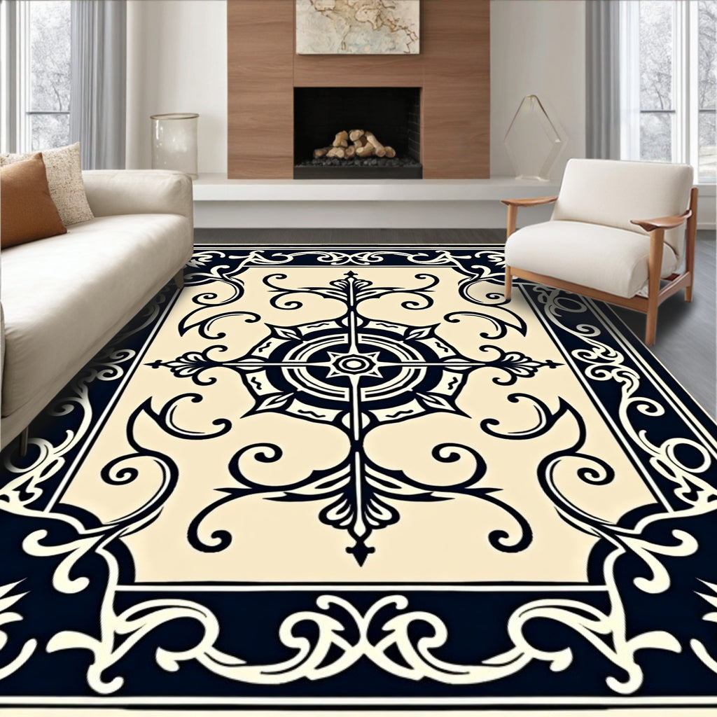 Cream Navy Scrollwork Medallion Rug