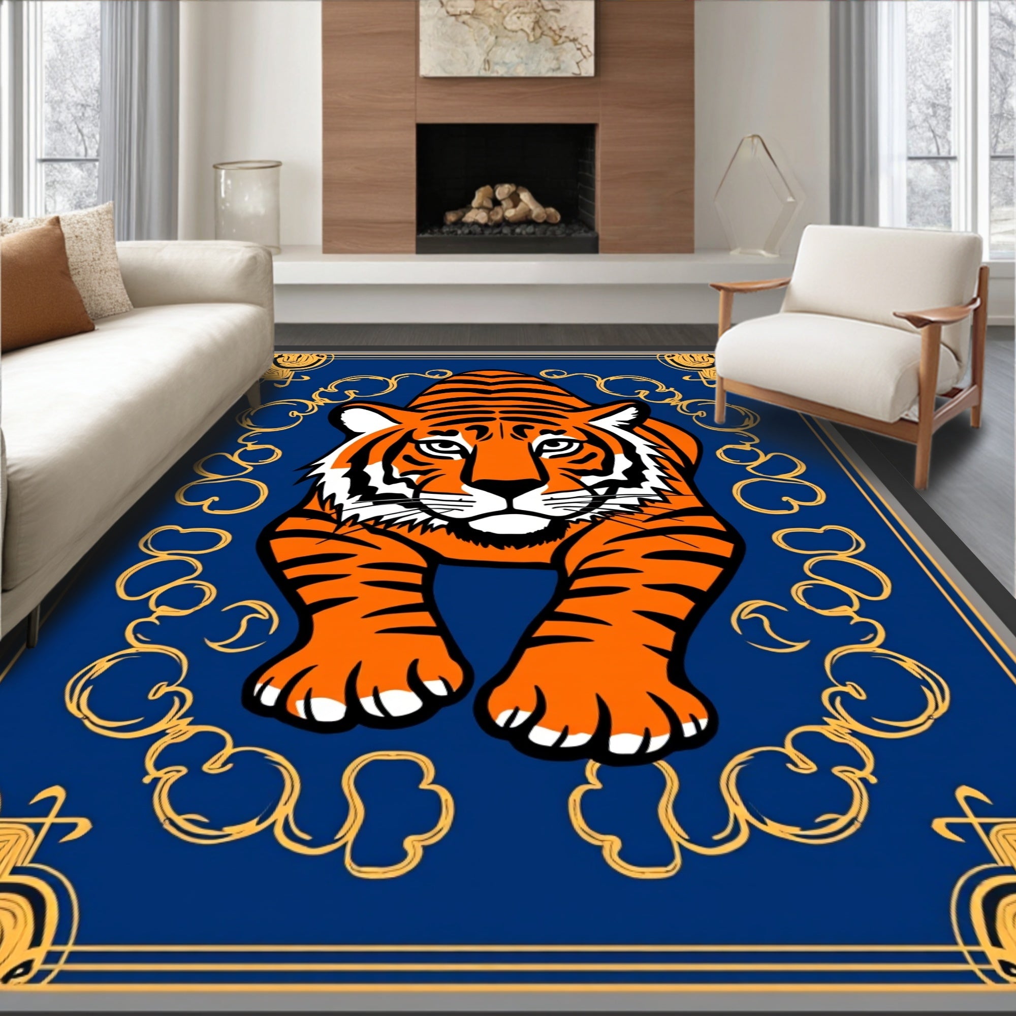 Bold Tiger Royal Blue Floral Design Rug