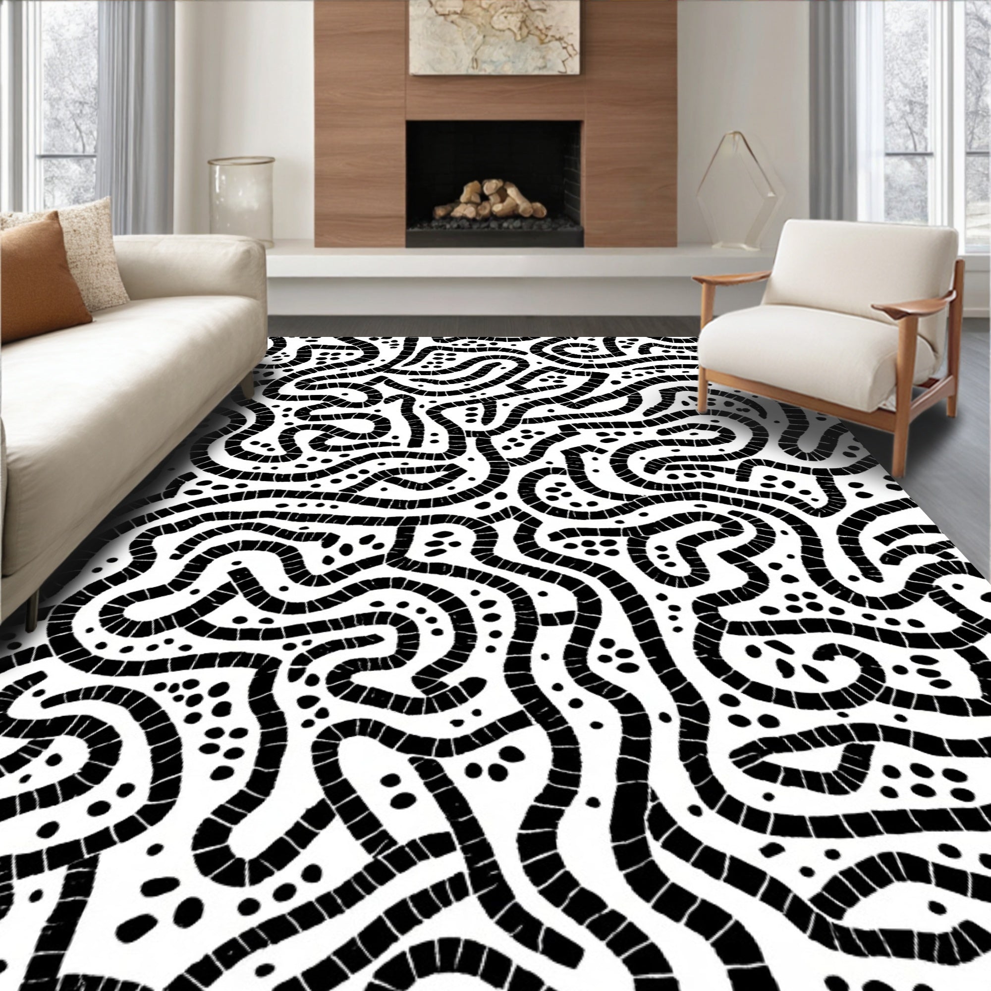 Abstract Black White Maze Pattern Rug
