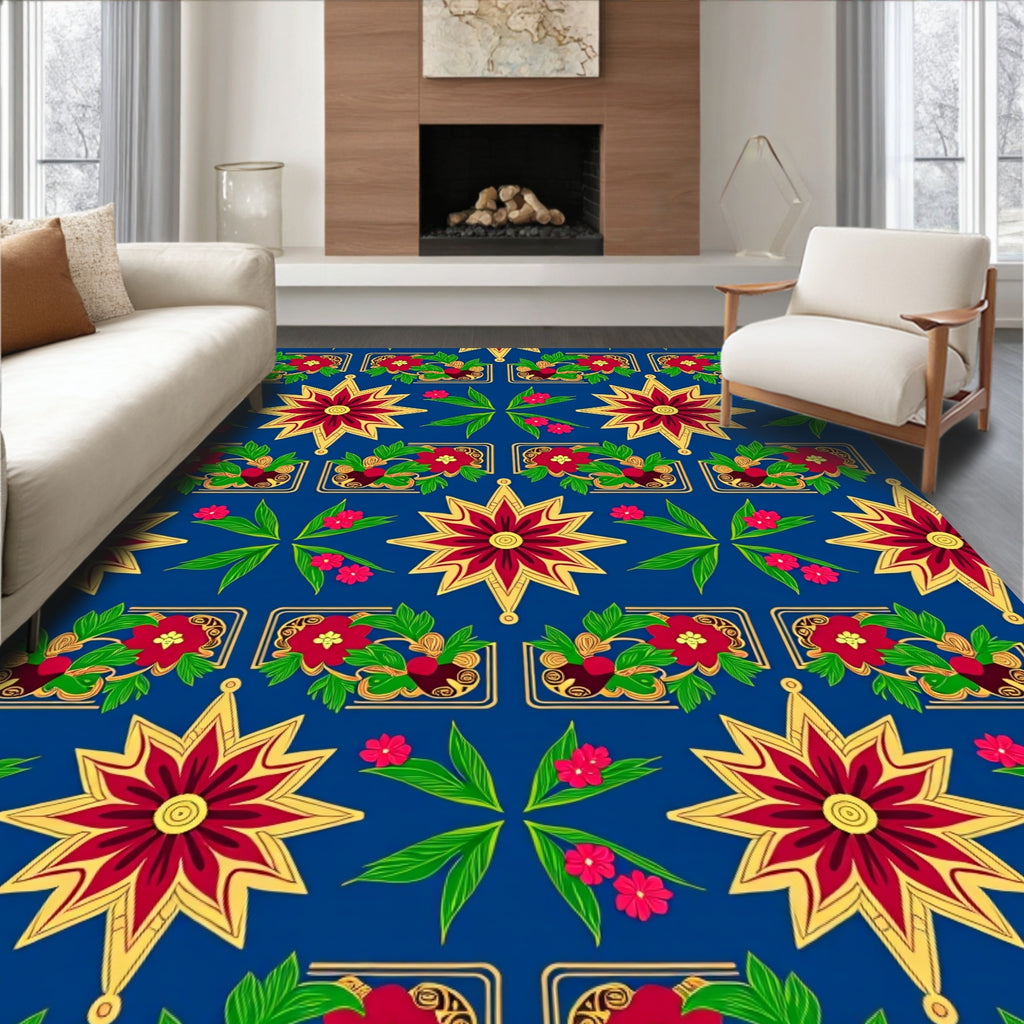 Crimson Gold Star Floral Border Rug