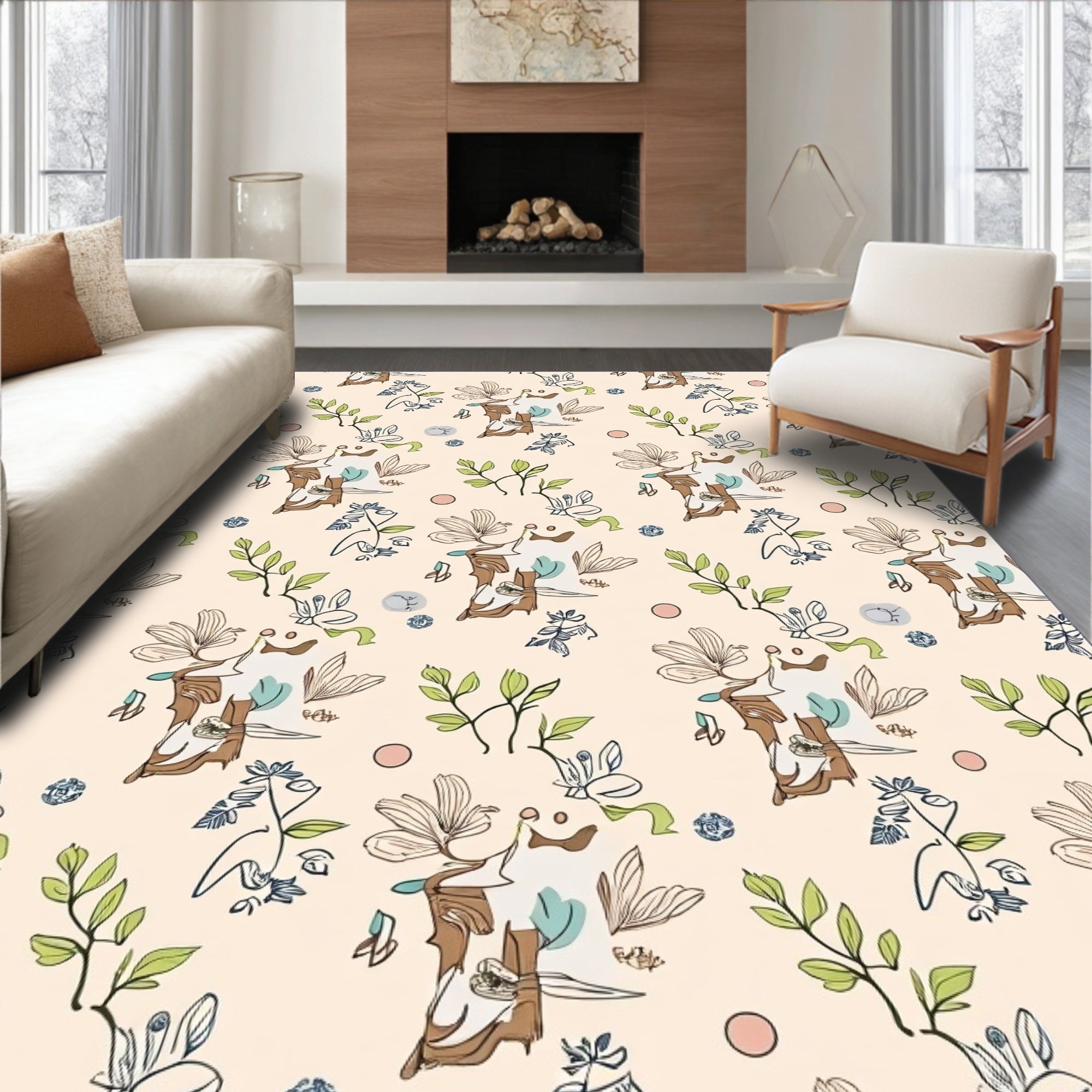 Whimsical Abstract Floral Sketch Design Rug