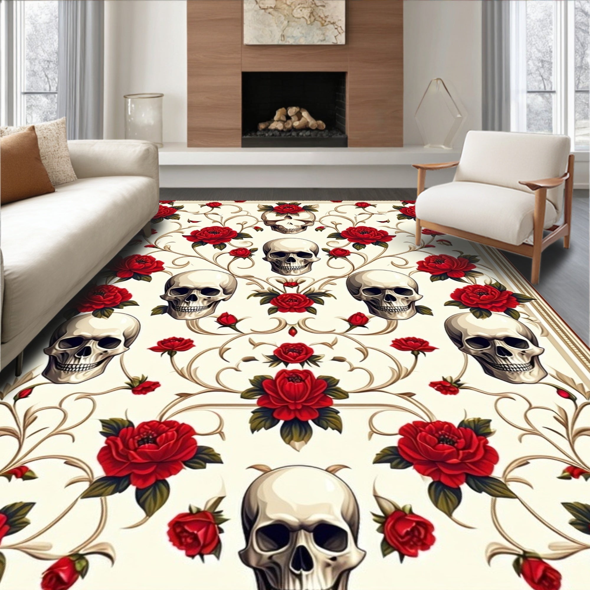 Skulls Roses Baroque Pattern Rug