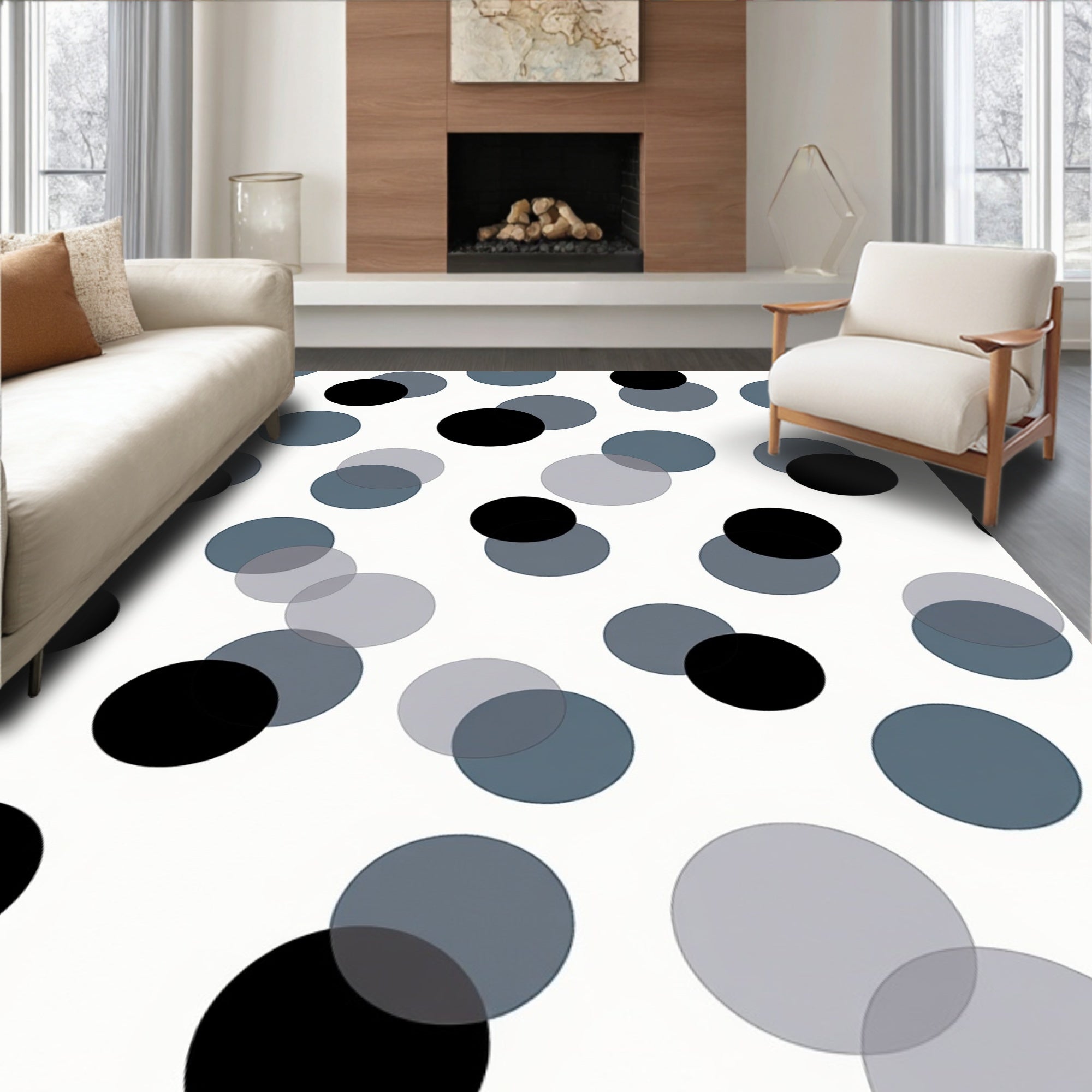 Modern Black Blue Tone Circles Pattern Rug