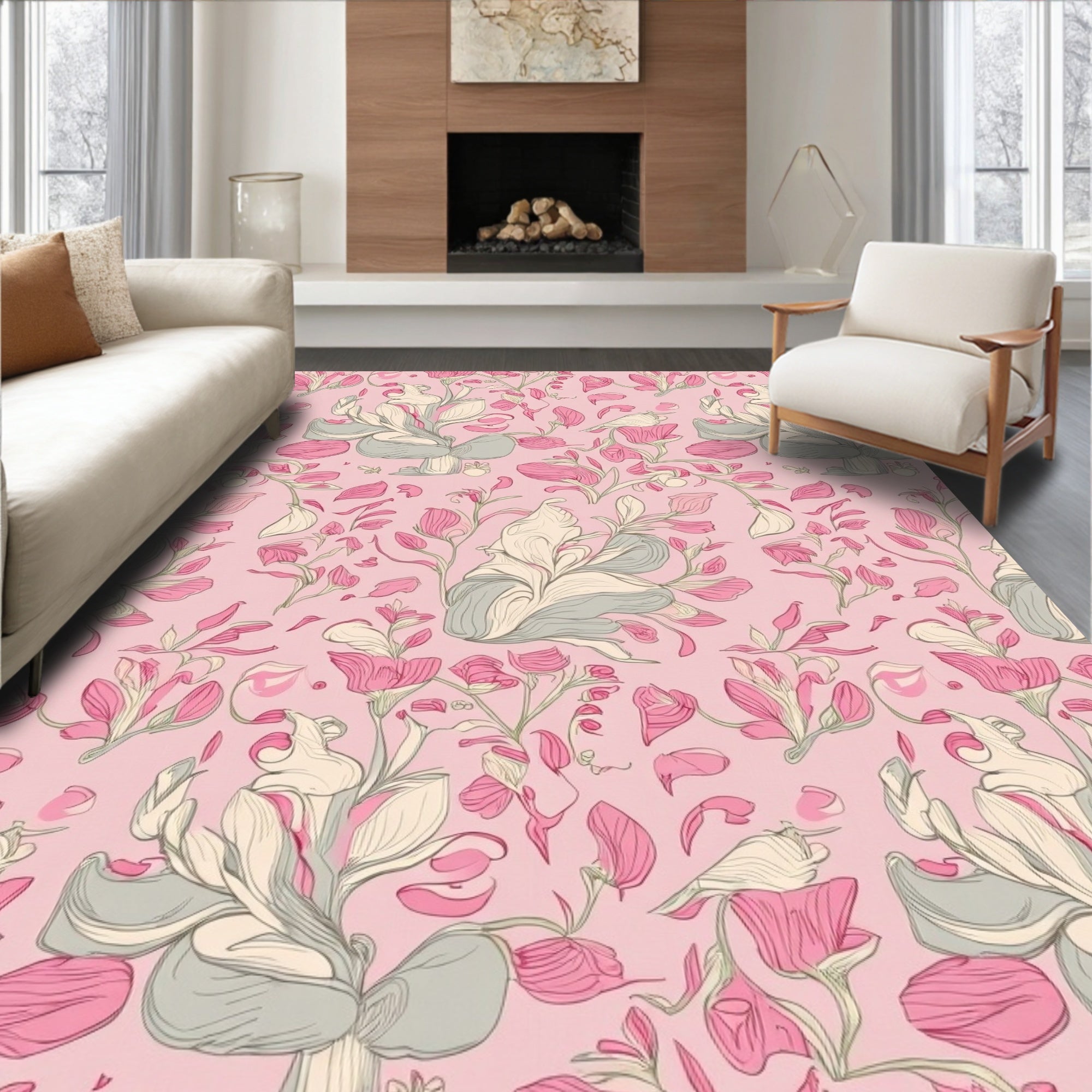 Whimsical Pink Floral Vine Pattern Rug