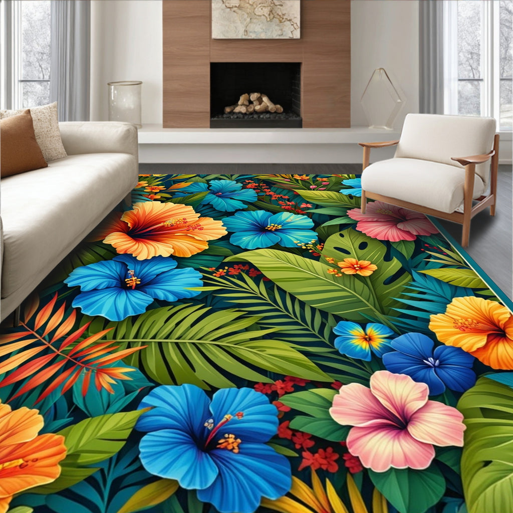 Tropical Floral Hibiscus Leaf Pattern Rug