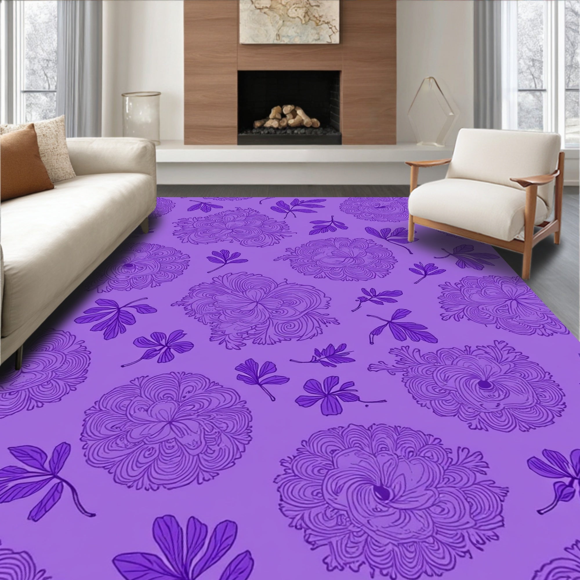 Floral Swirl Pattern on Purple Background Rug