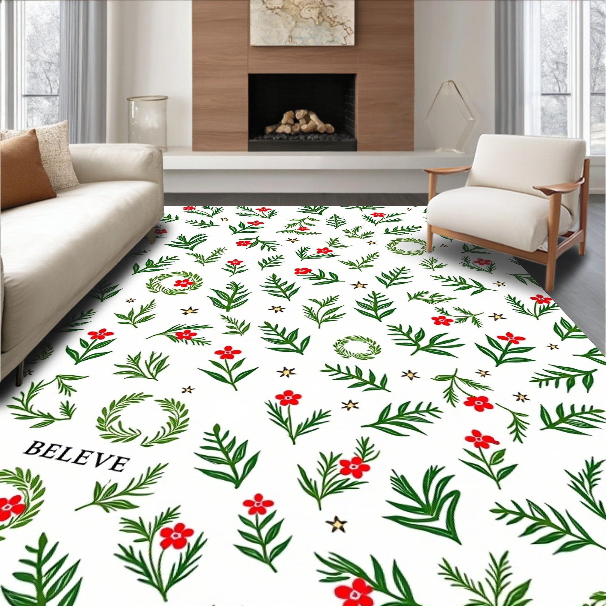 Whimsical Red Floral Green Leaf Garland Rug