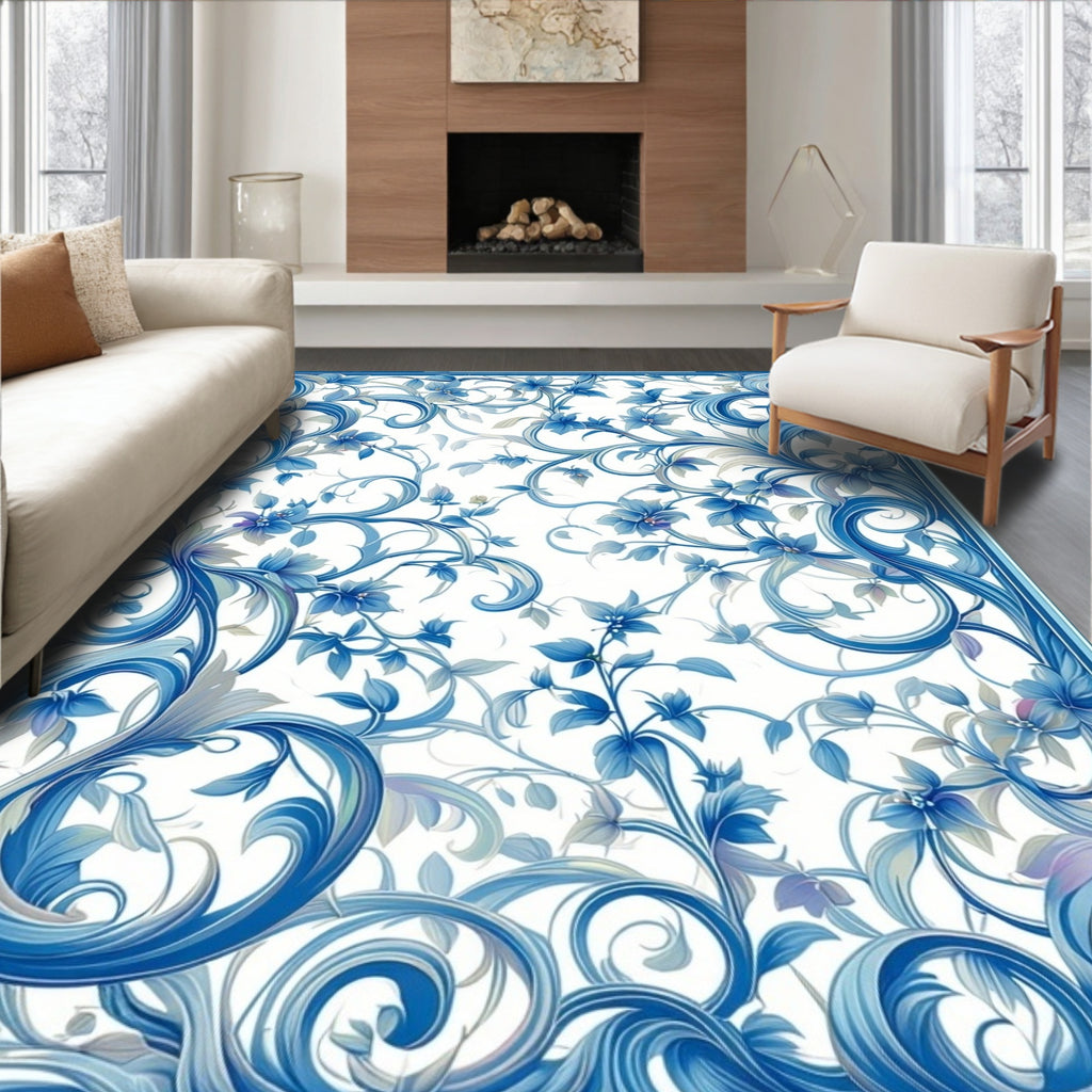 Ornate Blue Floral Swirls Design Rug