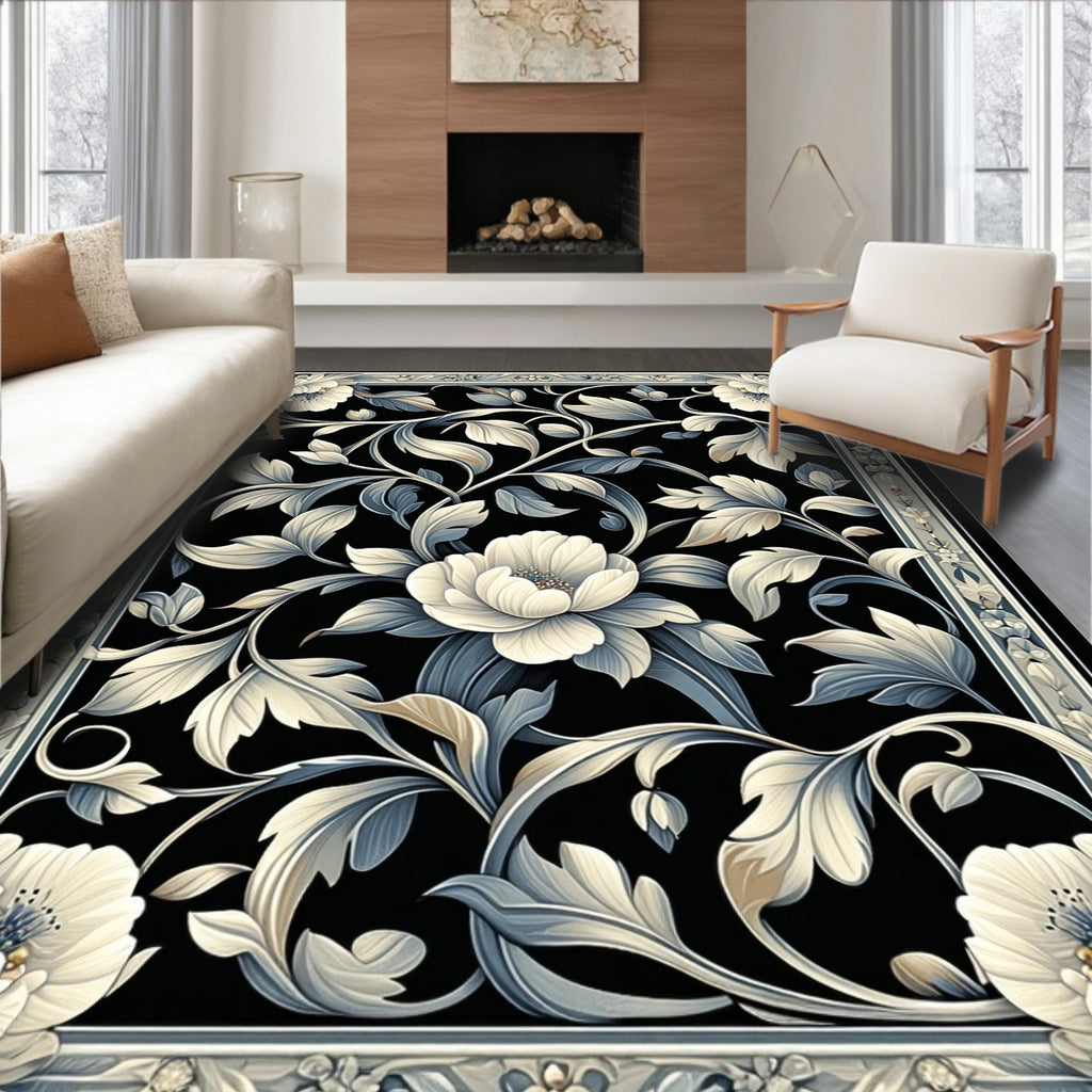 Black Floral Leaf Intricate Pattern Rug