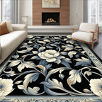 Black Floral Leaf Intricate Pattern Rug