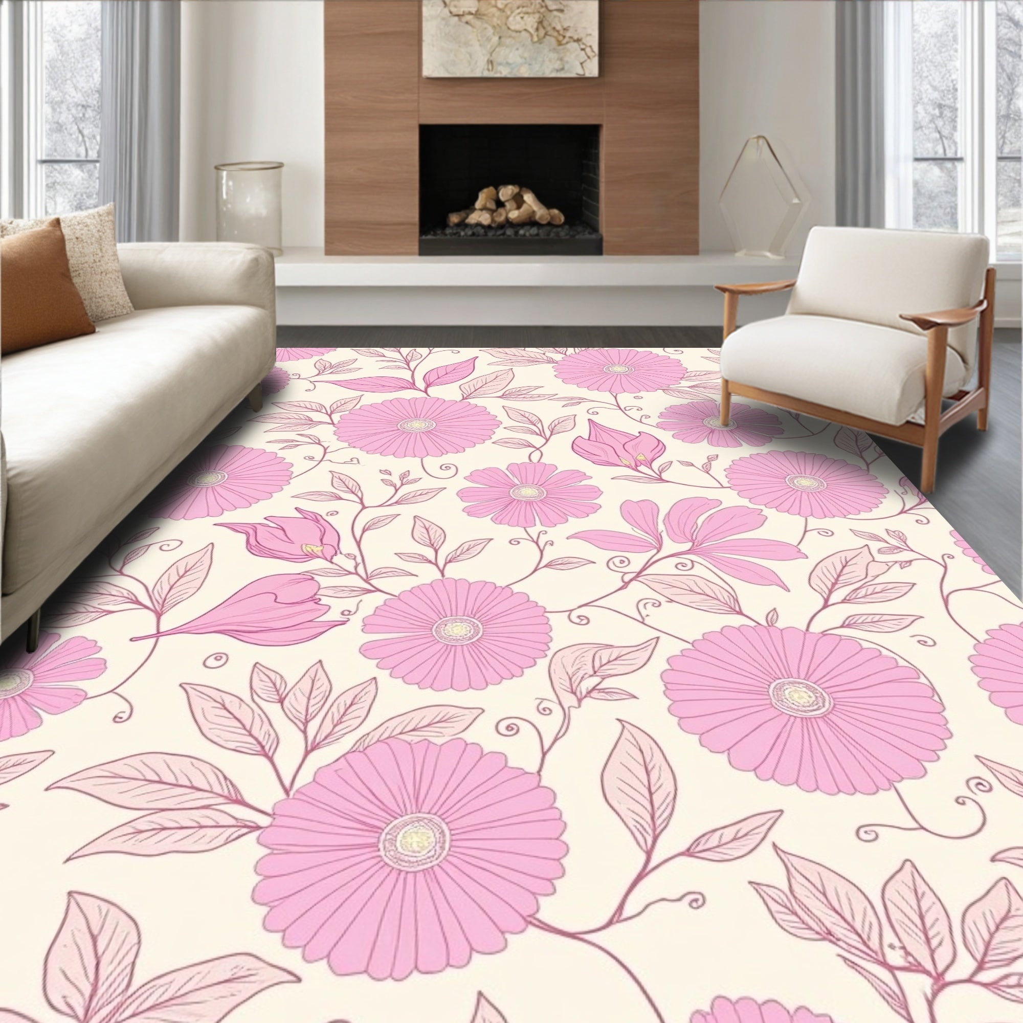 Pastel Pink Floral Outline Design Rug