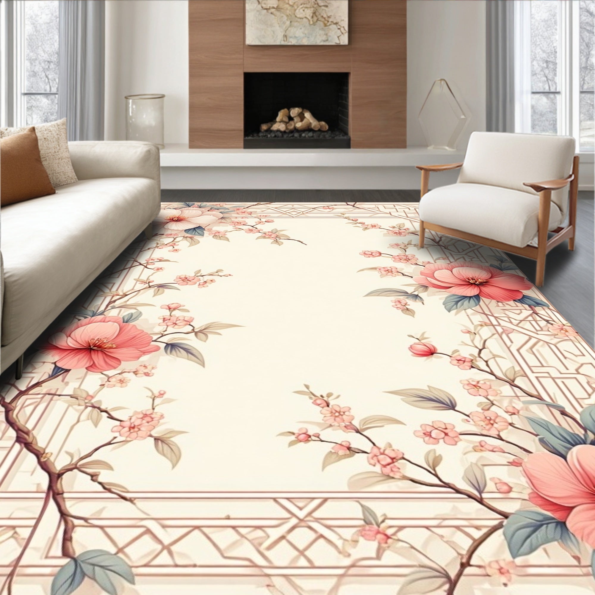 Floral Branches With Geometric Frame Rug
