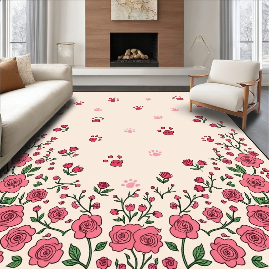 Pink Roses and Paw Prints Pattern Rug