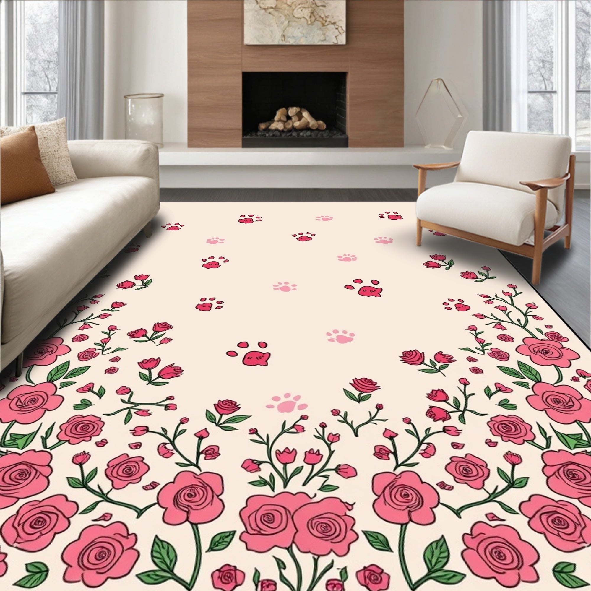Pink Roses and Paw Prints Pattern Rug