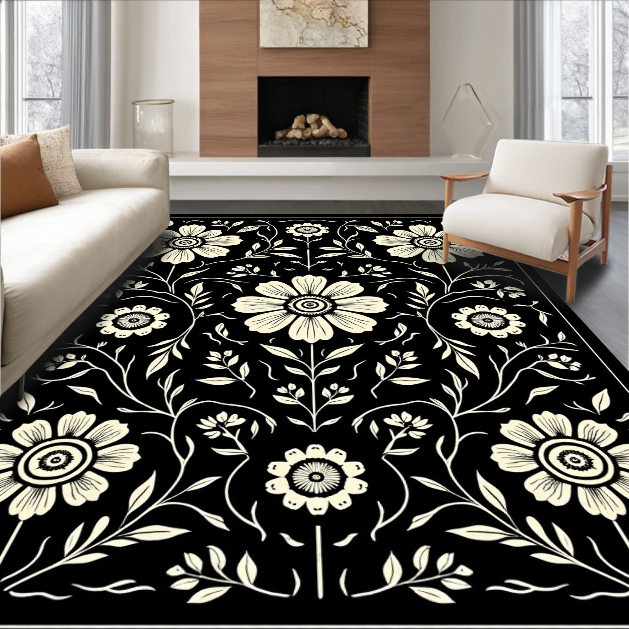 Black Cream Floral Vine Pattern Rug