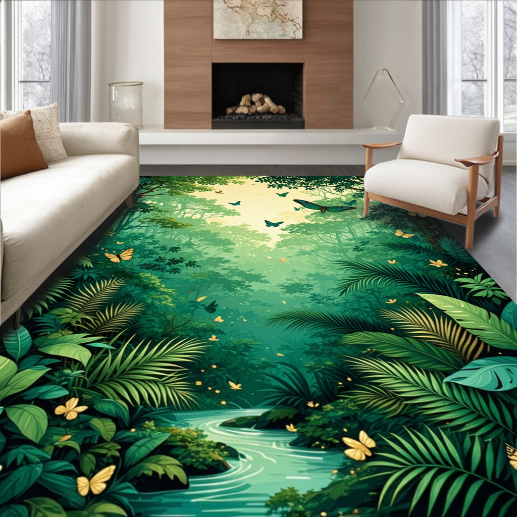 Lush Jungle Butterflies River Scene Rug