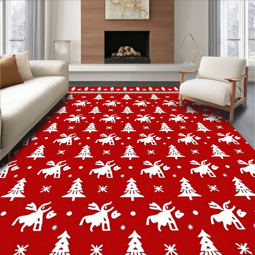 Red White Woodland Animal Trees Rug