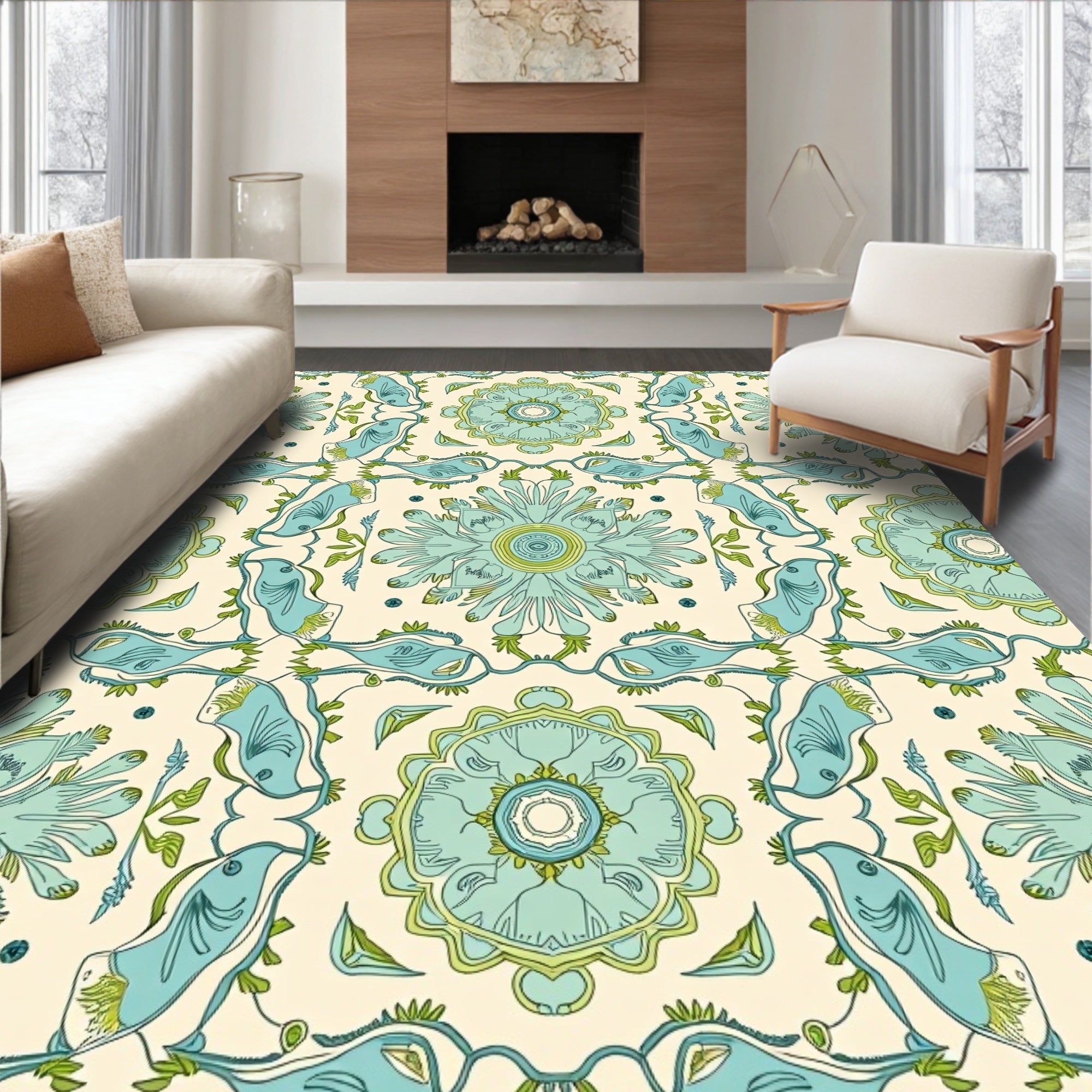 Seafoam Blue Bird Floral Medallion Rug