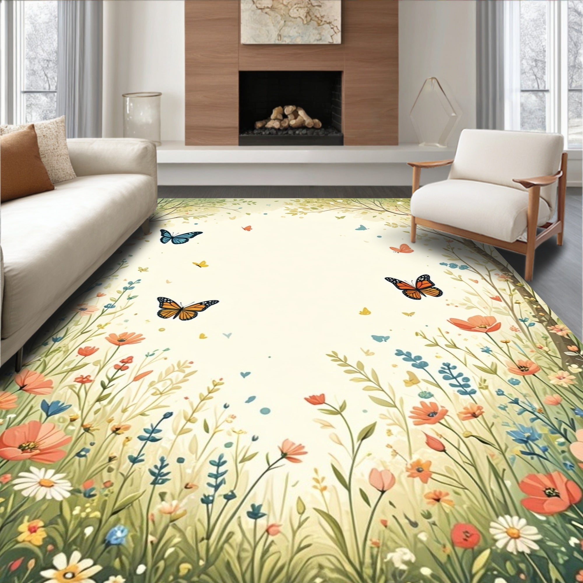 Whimsical Meadow Butterfly Garden Design Rug