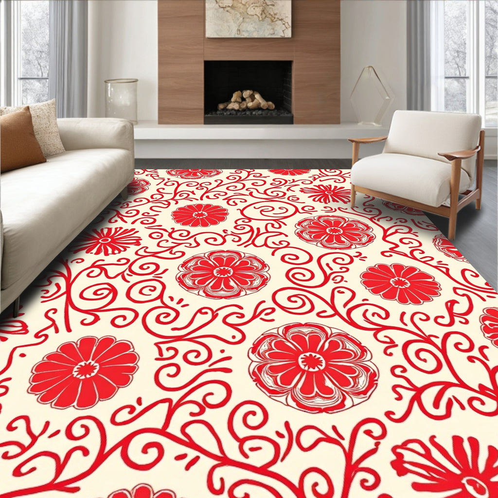 Red Floral Vine Pattern Rug