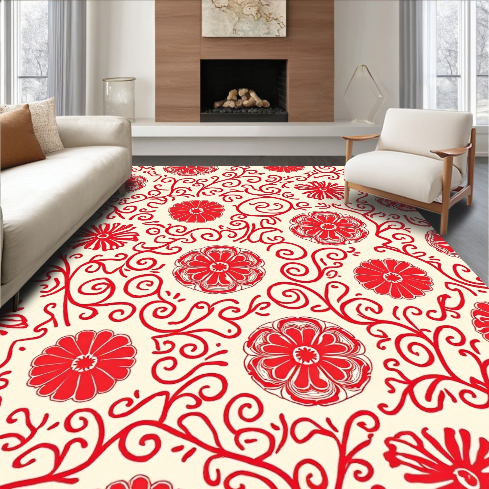 Red Floral Vine Pattern Rug