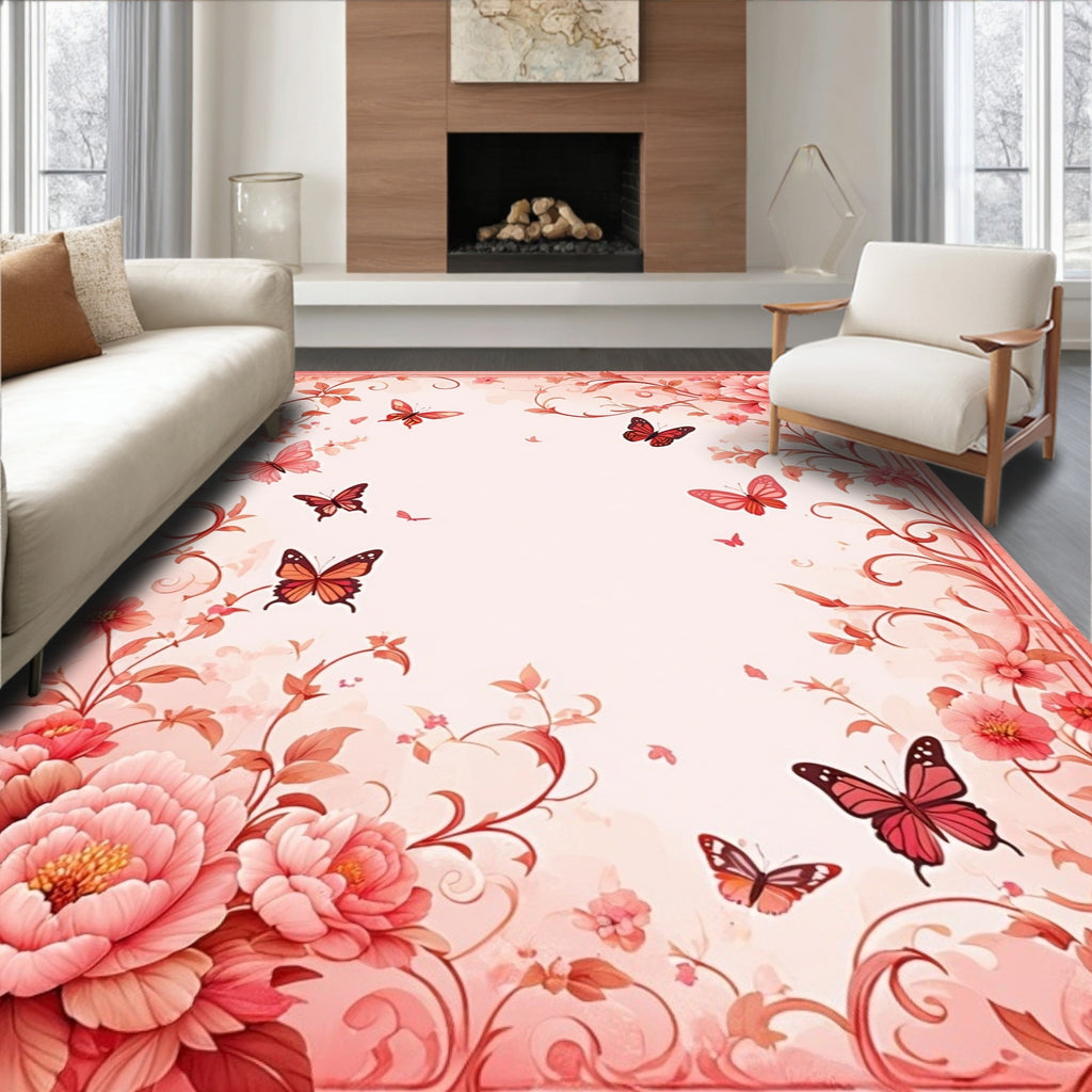 Pink Floral Butterfly Gentle Pattern Rug