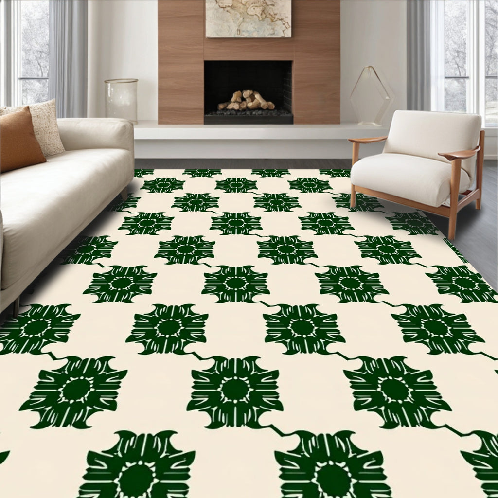 Dark Green Floral Lattice Pattern Rug
