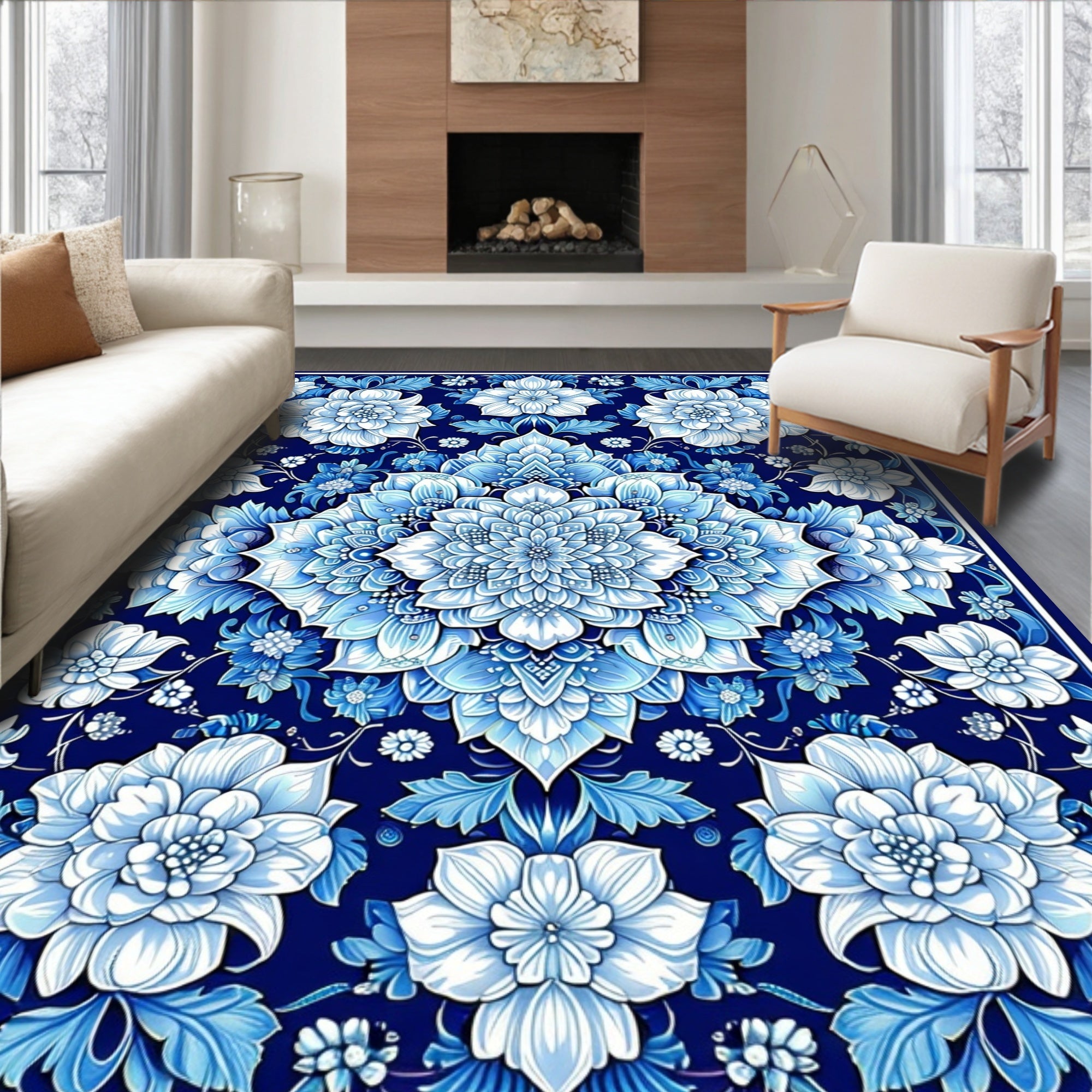 Intricate Blue Floral Mandala Pattern Rug
