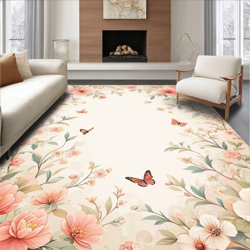 Whimsical Floral Butterfly Garden Design Rug