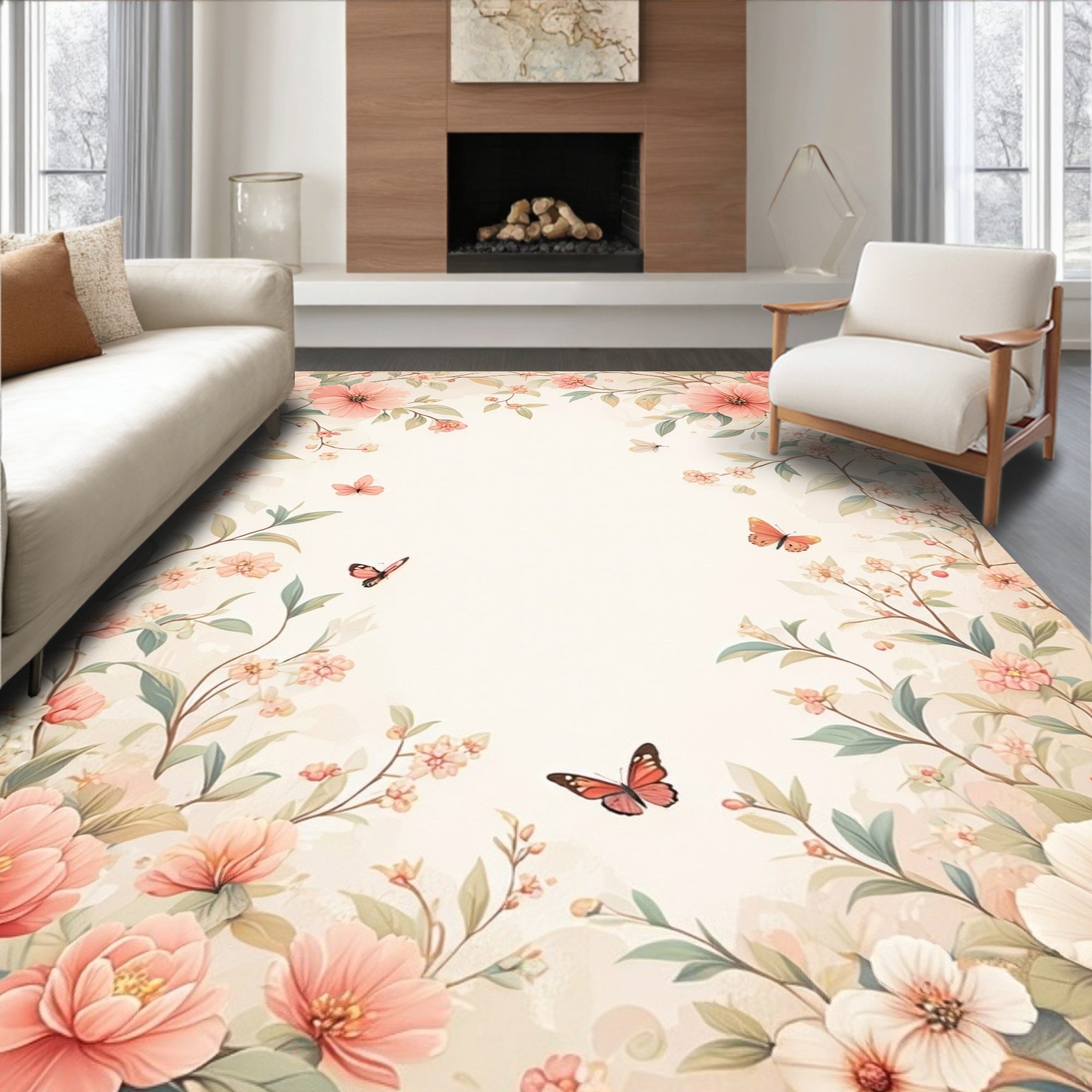 Whimsical Floral Butterfly Garden Design Rug