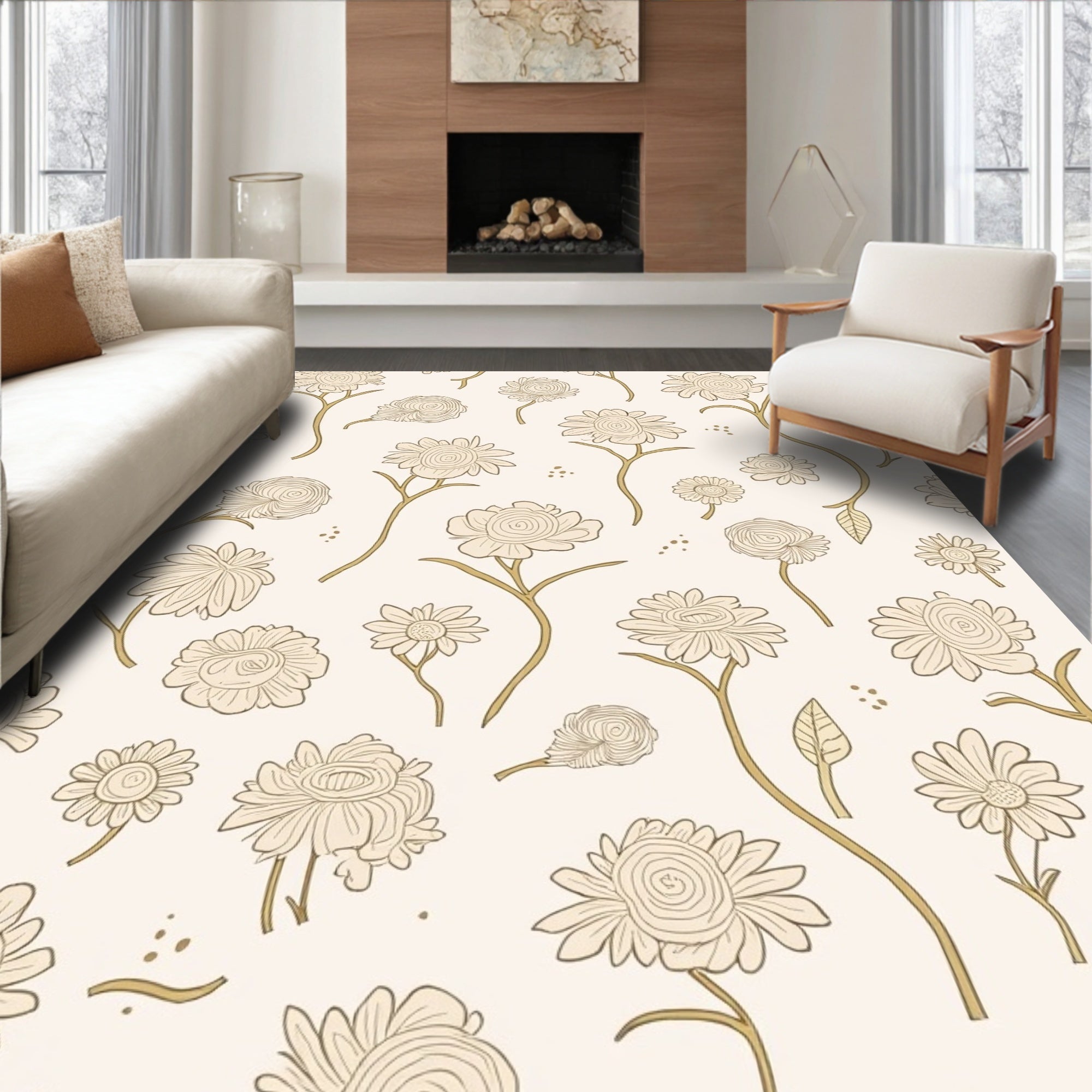 Delicate Floral Sketch Pattern Rug