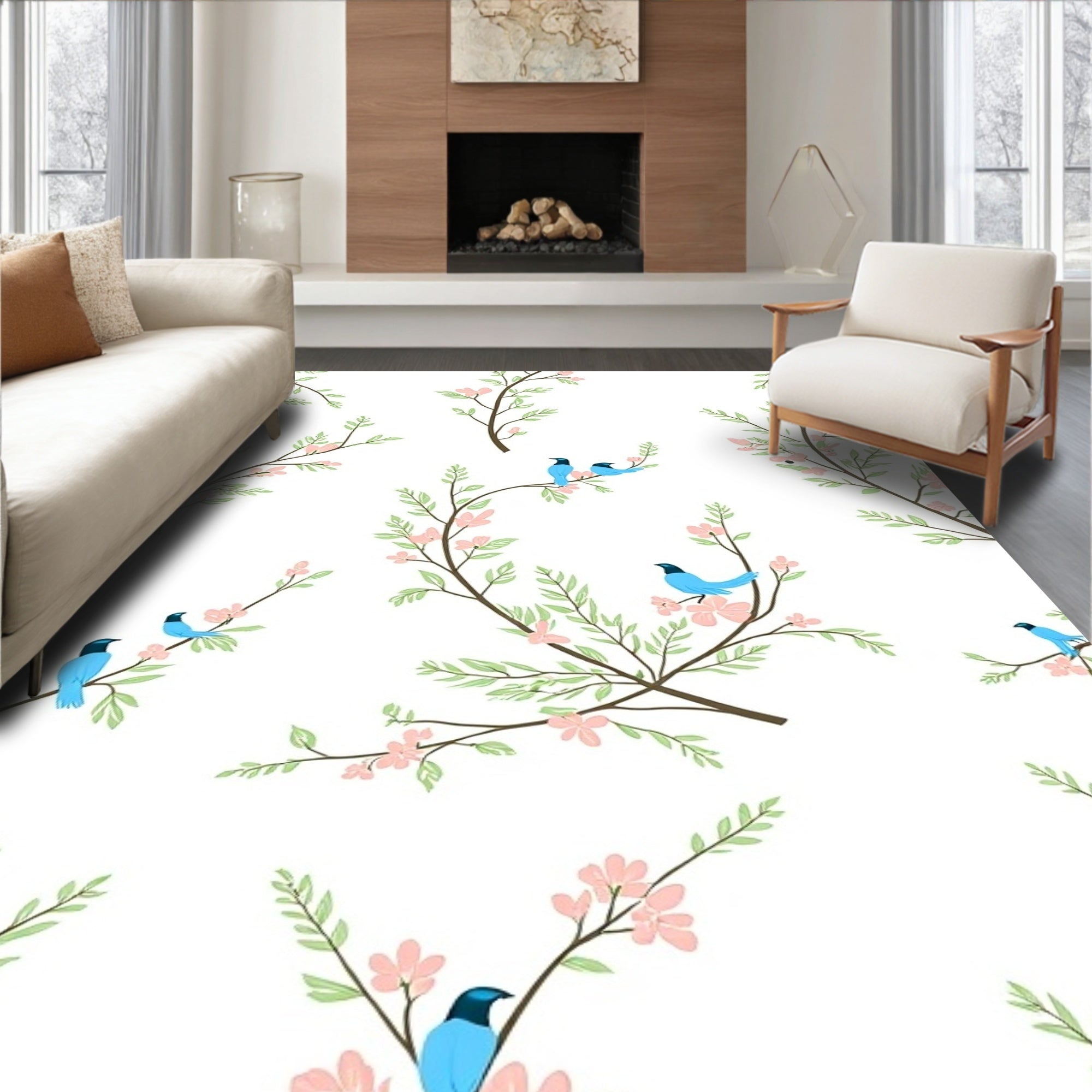 Birds on Branch with Cherry Blossoms Rug