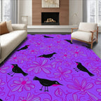 Whimsical Black Birds Floral Pattern Rug
