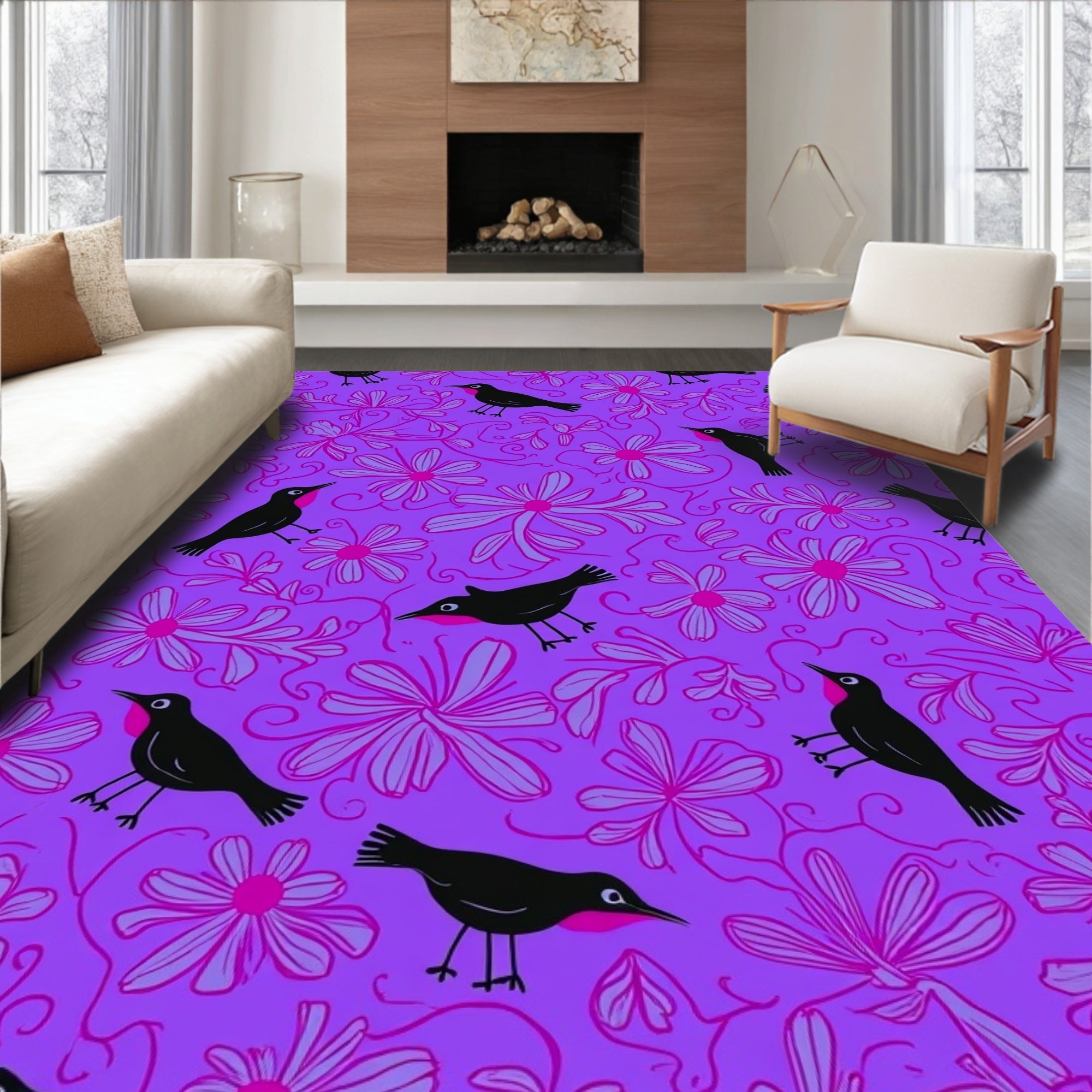 Whimsical Black Birds Floral Pattern Rug