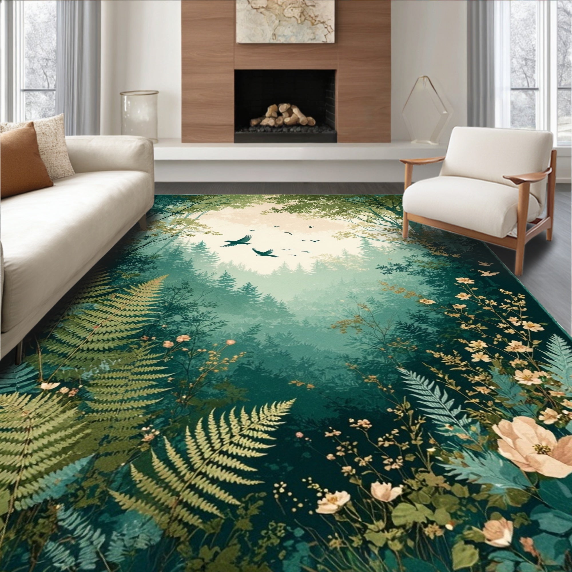 Mystical Forest Scene with Birds and Ferns Rug