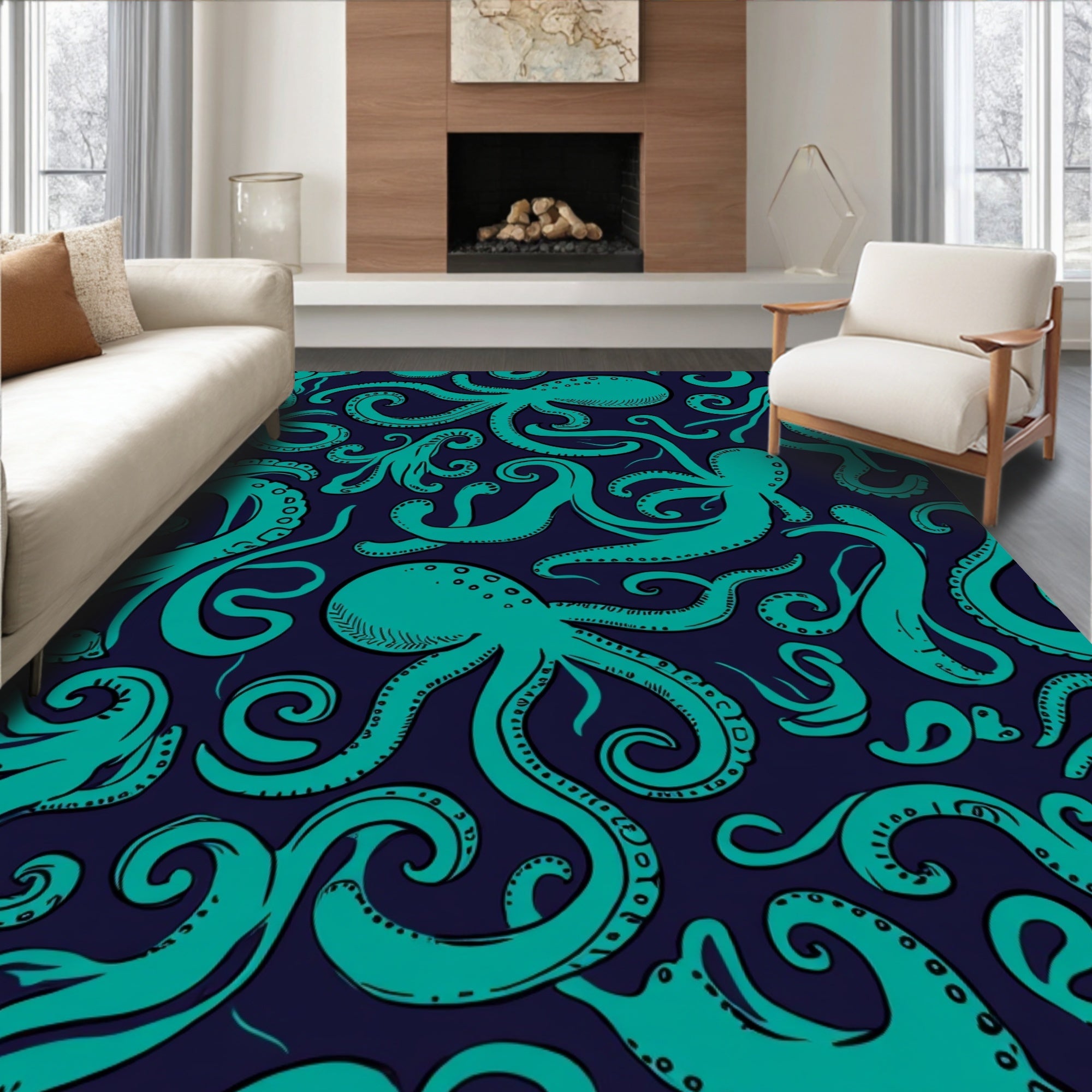 Teal Octopus Tentacle Pattern Rug
