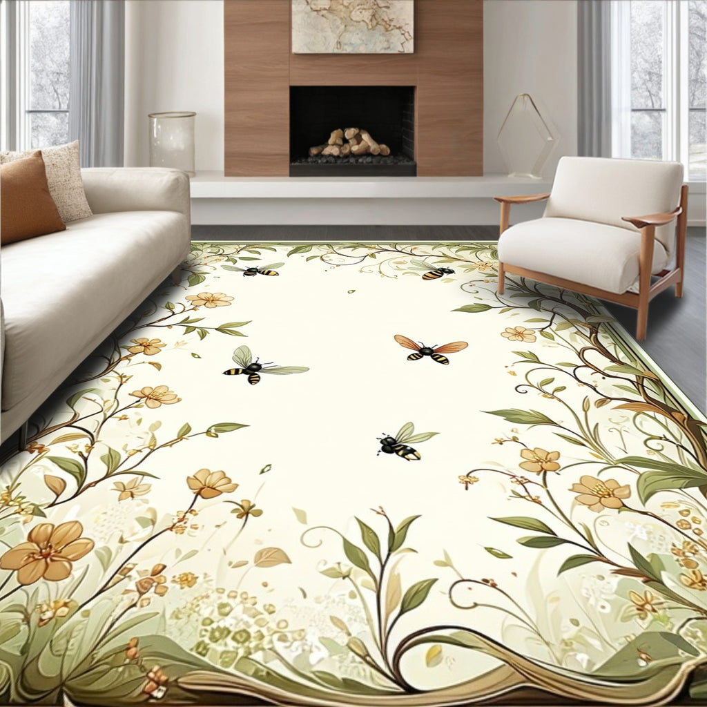 Whimsical Garden Bee Floral Vine Pattern Rug