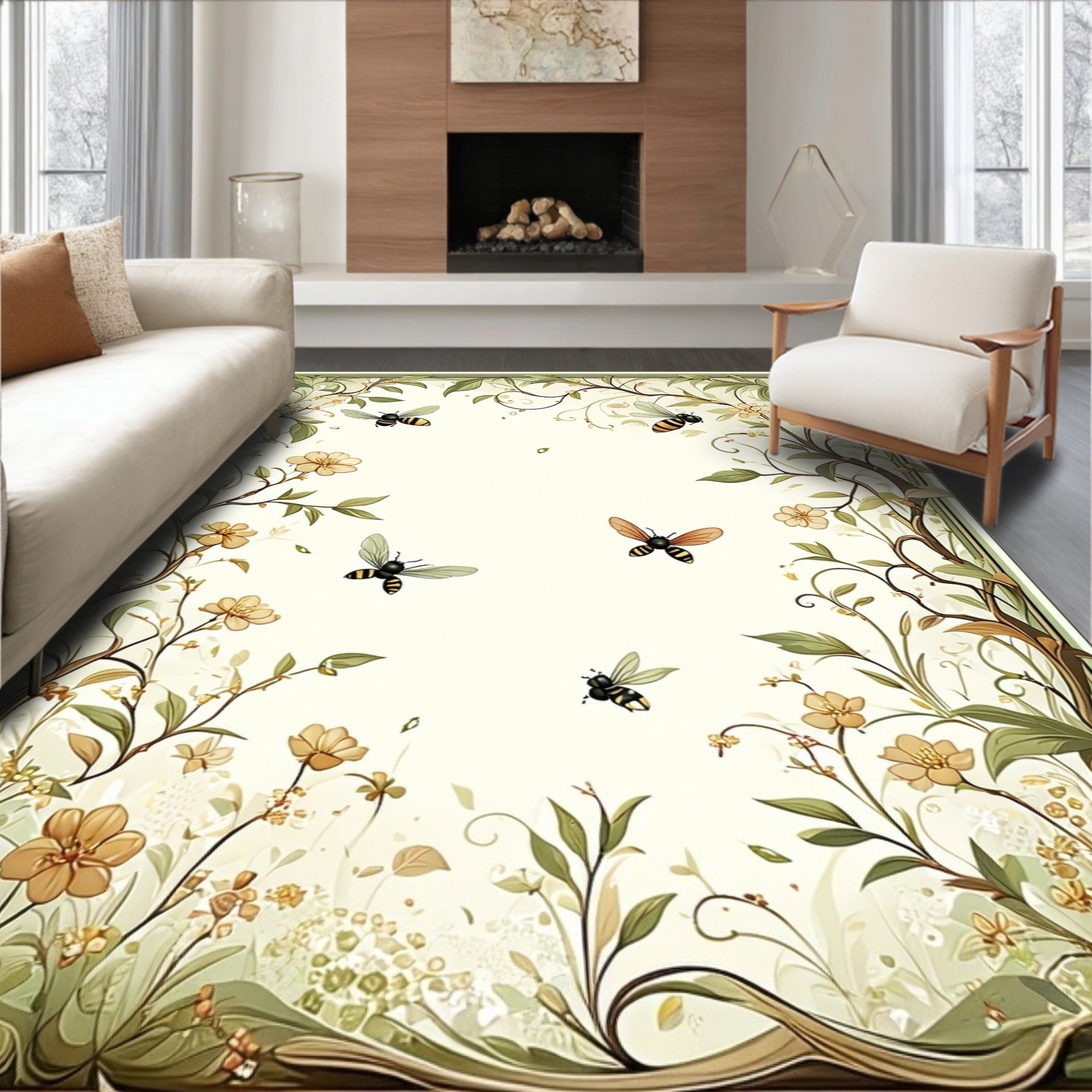 Whimsical Garden Bee Floral Vine Pattern Rug