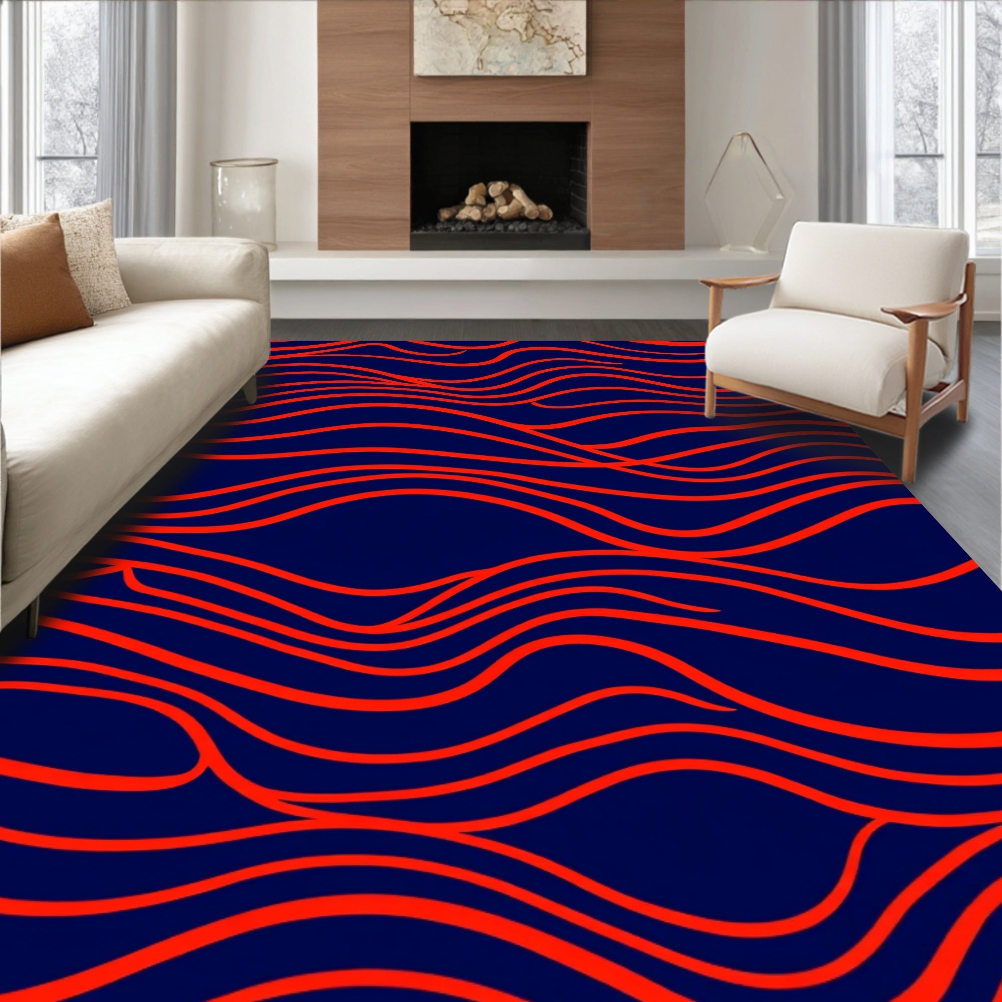 Bold Red Wave Patterned Design Rug
