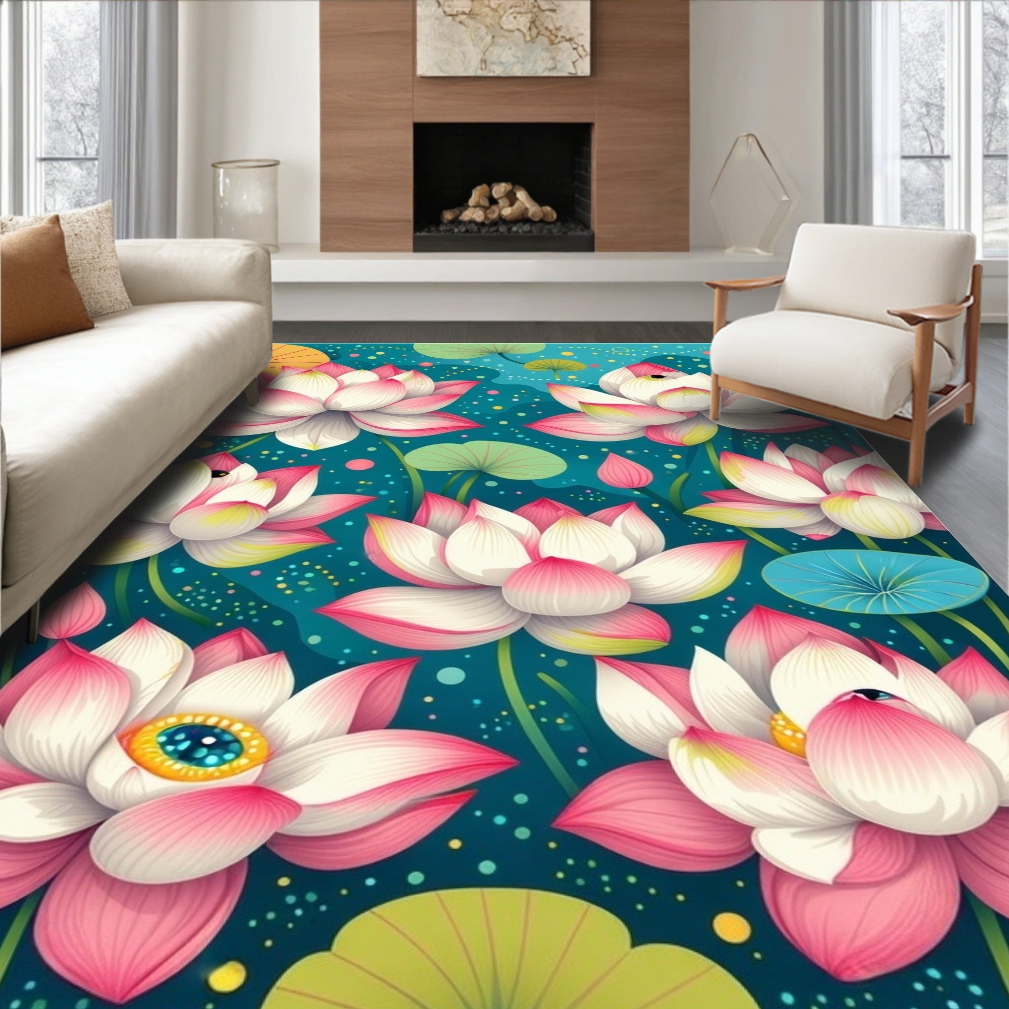 Vibrant Pink Lotus Flower Pattern Rug
